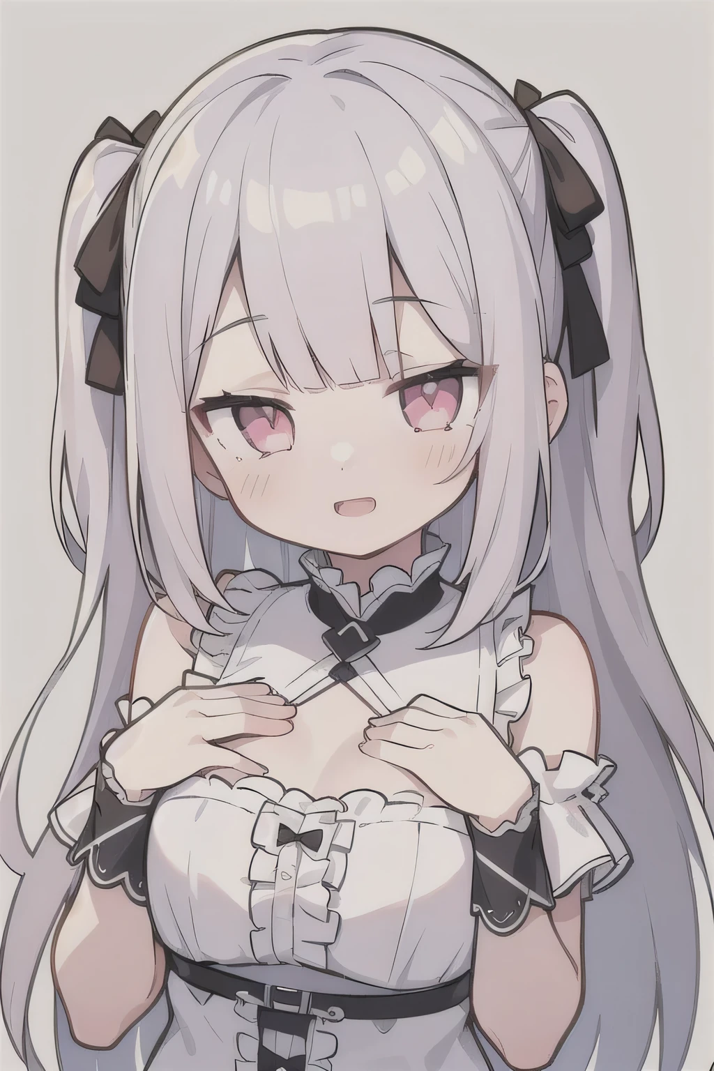 Pueros face_V1:0.24, highest quality, realistic, 8K, High resolution, 1 girl, 16 year old girl, (skin dents), (portrait), ((simple background:1.62)), full color, ((big round breasts,exposed chest,frills)), look straight at the viewer:1.8, (1 girl eyes looking at viewer:1.55), (Long-length hair, silver hair, two side up,straight bangs:1.45,pink eyes), (Bokeh),looking at the viewer,open mouth smile,Shining eyes,cute pose,sparkling eyes,Super high quality,Seduce