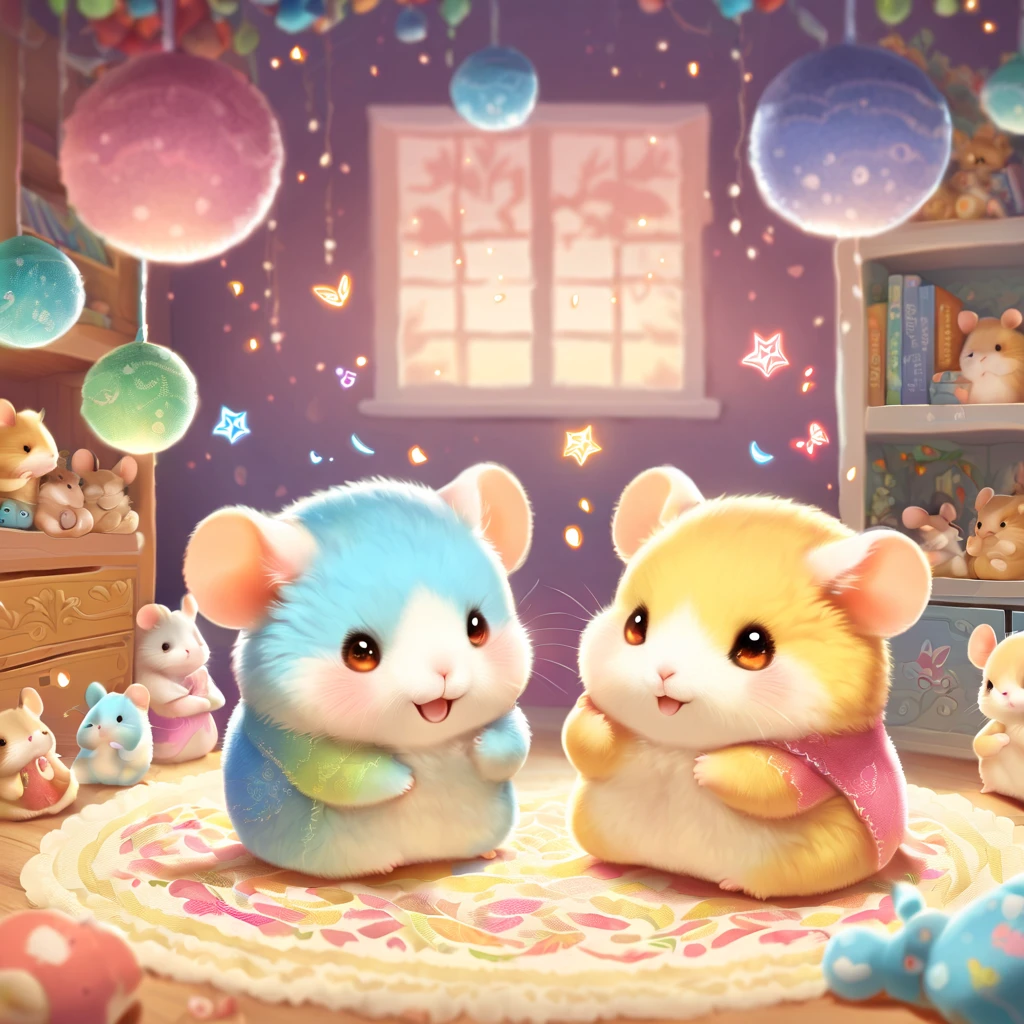 cuteAn illustration,hamsterの幼稚園,hamsterの親子:animal:cute:Snuggle up close:sleep:comfortable and warm:looks happy,An illustration,pop,colorfulに,color,dim,lamp light,hamsterの親子が眠っています:dream happy dreams,The room is warm and full of happiness,,colorful,fancy,fantasy,patchwork:quilt,Detailed details,fluffy,randolph caldecott style,hamster,最高にcutehamster,fluffyhamster,豊富なcolor,Cast colorful spells,concentrated,best configuration,perfect composition,accent,子供が喜ぶAn illustration,For kids,feel warm,wonderful like a dream,幸せで楽しそうなhamster達,Children's toys,dance,children&#39;s room,group photo,Little,Cast colorful spells,Sparkling