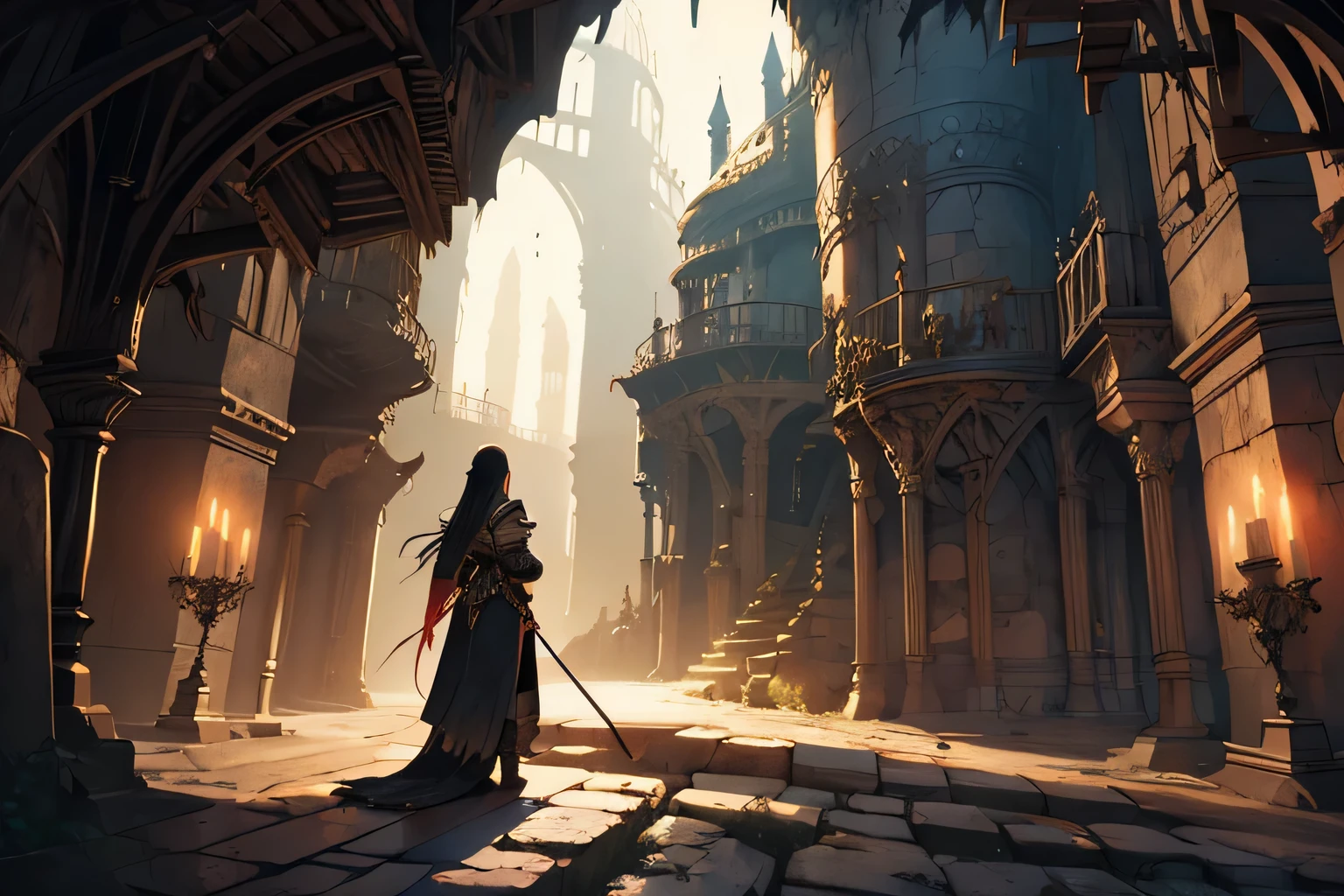 A detailed illustration of a young woman with intricate long black braided hair courageously stepping into a dimly lit dungeon f, medieval fantasy theme, mysterious atmosphere, view from backside the woman.