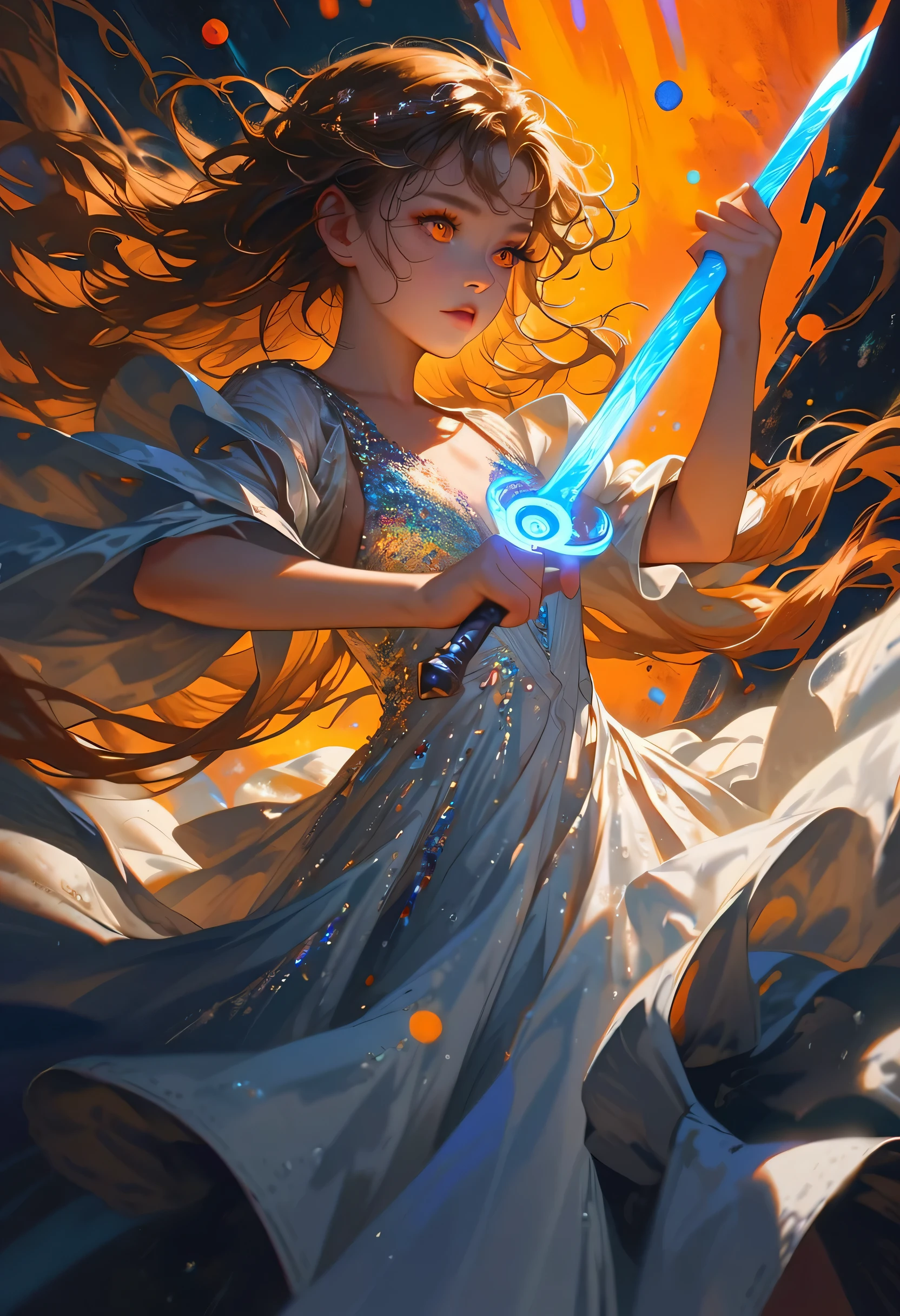 in the depths of the night,a young girl's white long hair moved with the rotation of her body,elegantly spinning in circles,she holding a glowing blue sword in his hands,particle effects,dynamic poses,dynamic movements,There were countless shining sequins on the white dress,(these sequins undulated with the rotation of the dress, turning into countless orange light spots:1.4), The light dots tightly surrounded her,with edge light and eye light,forming a beautiful picture of human and nature,Black and orange,divine girls,flowing light and shadow,floating hair, vivid colors, realistic style,