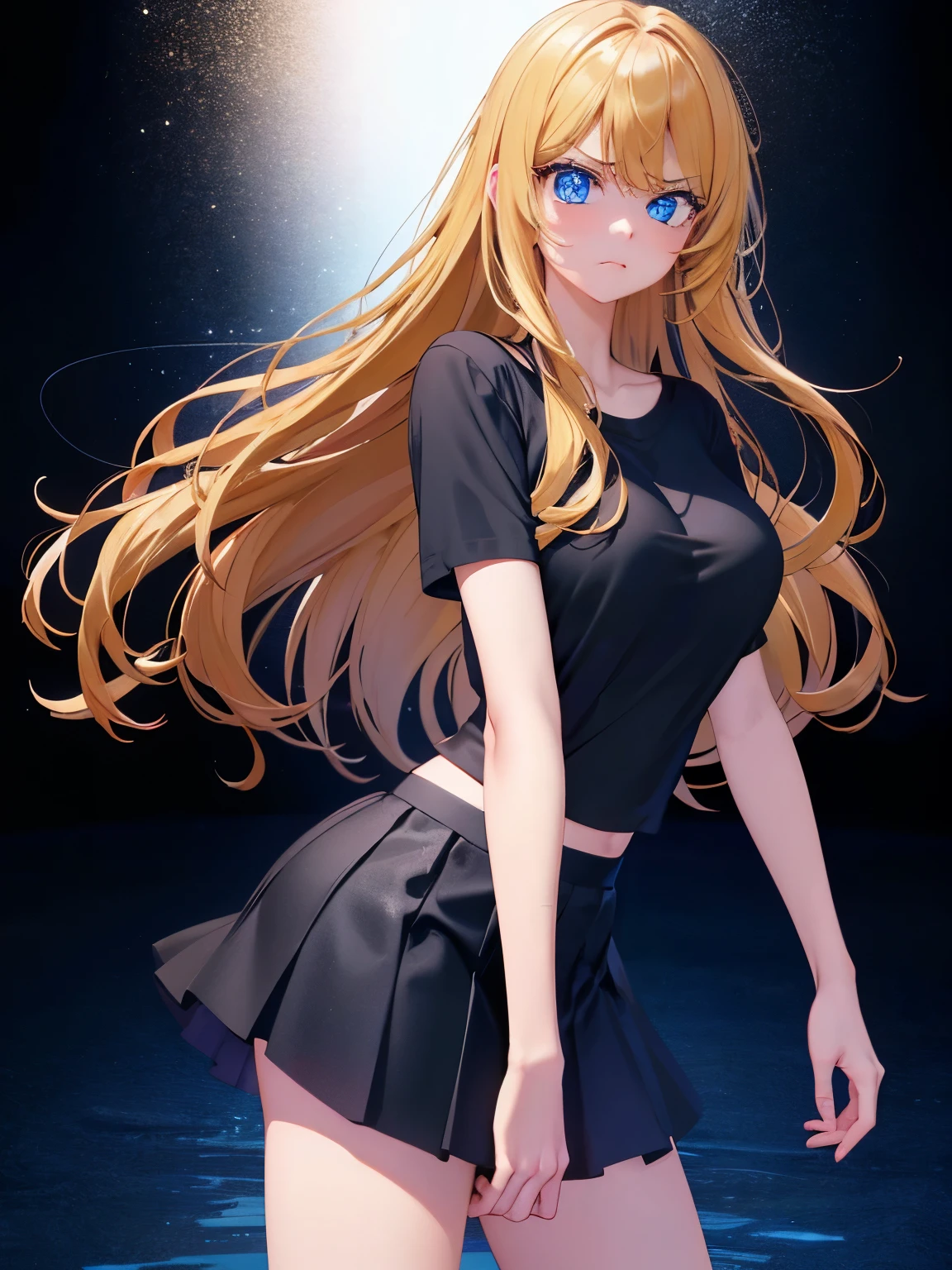 1woman,super beautiful,pouting lips,Standing facing left, angry expression,, looking away,half body photo,Beautiful eyes, very detailed face,cute, tennis skirt,HD face, perfect face,black t-shirt,black t-shirt,Plain t-shirt,black mini skirt,Very big breasts,Blonde hair,long hair,wavy hair,bangs,blue eyes,ultra detail,ultra Hd, masterpiece,4k