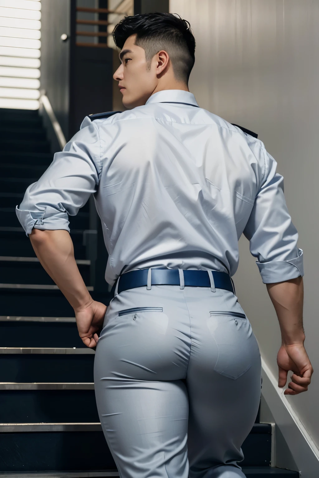 40-year-old boy ,Korean bulky male officer ,Wear navy blue police uniform shirt................ light grey satin smooth tight trouser, transparent pants obvious underwear print ,((unrealistic super big tight butt wearing pants)), walking up stairs, camera from low angle looking up