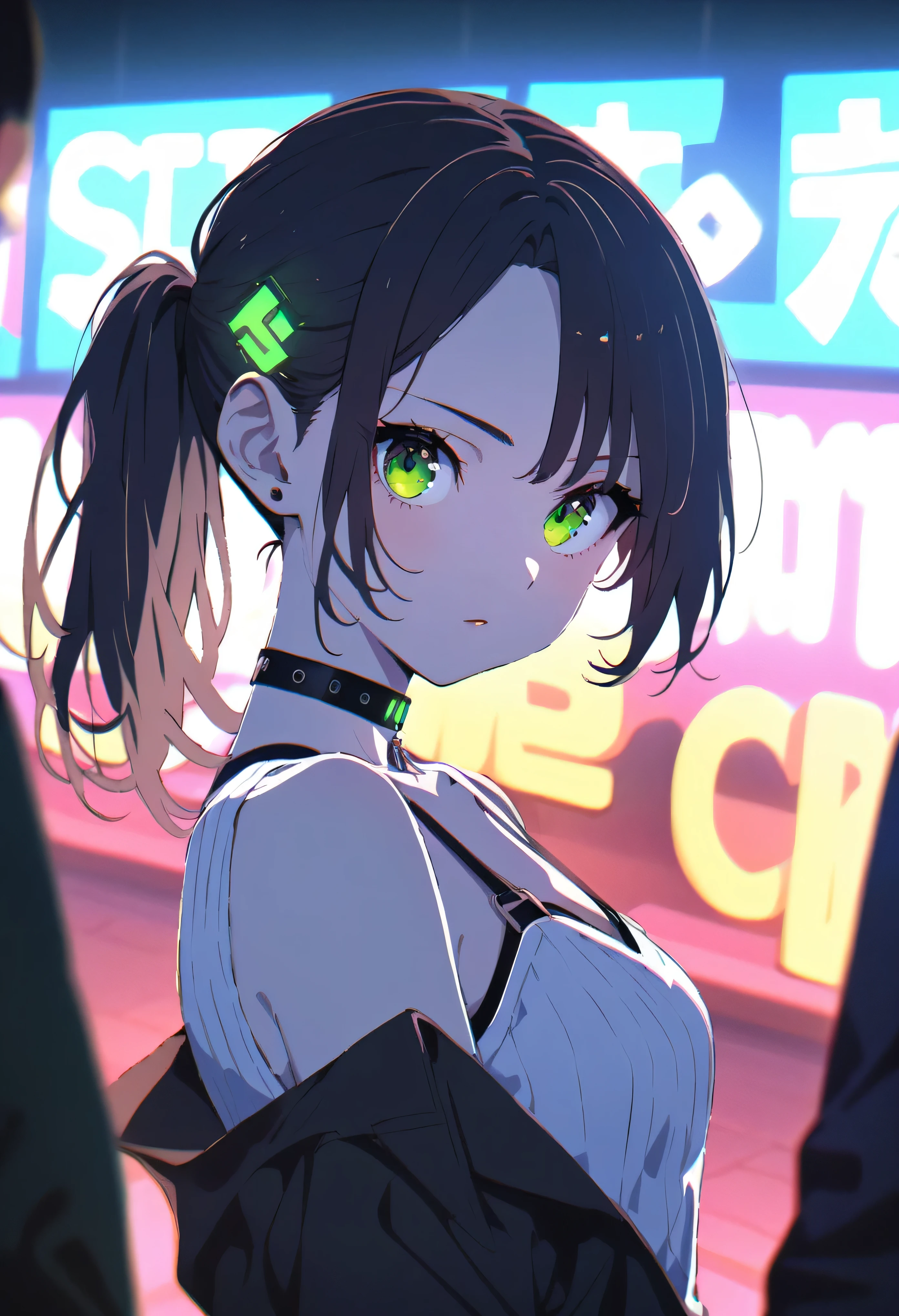 (masterpiece, highest quality, 8K, sharp focus, Depth of the bounds written, best shadow, perfect light, HDR, ultra-be familiar with background, be familiar with), anime style, two women kissing (one of them has green eyes, white skin, black hair ponytail, choker, small breasts, slim, compensate, eyeliner, Sparkling), (The other woman has blonde hair.), at the nightclub, cyberpunk theme, cyberpunk city.