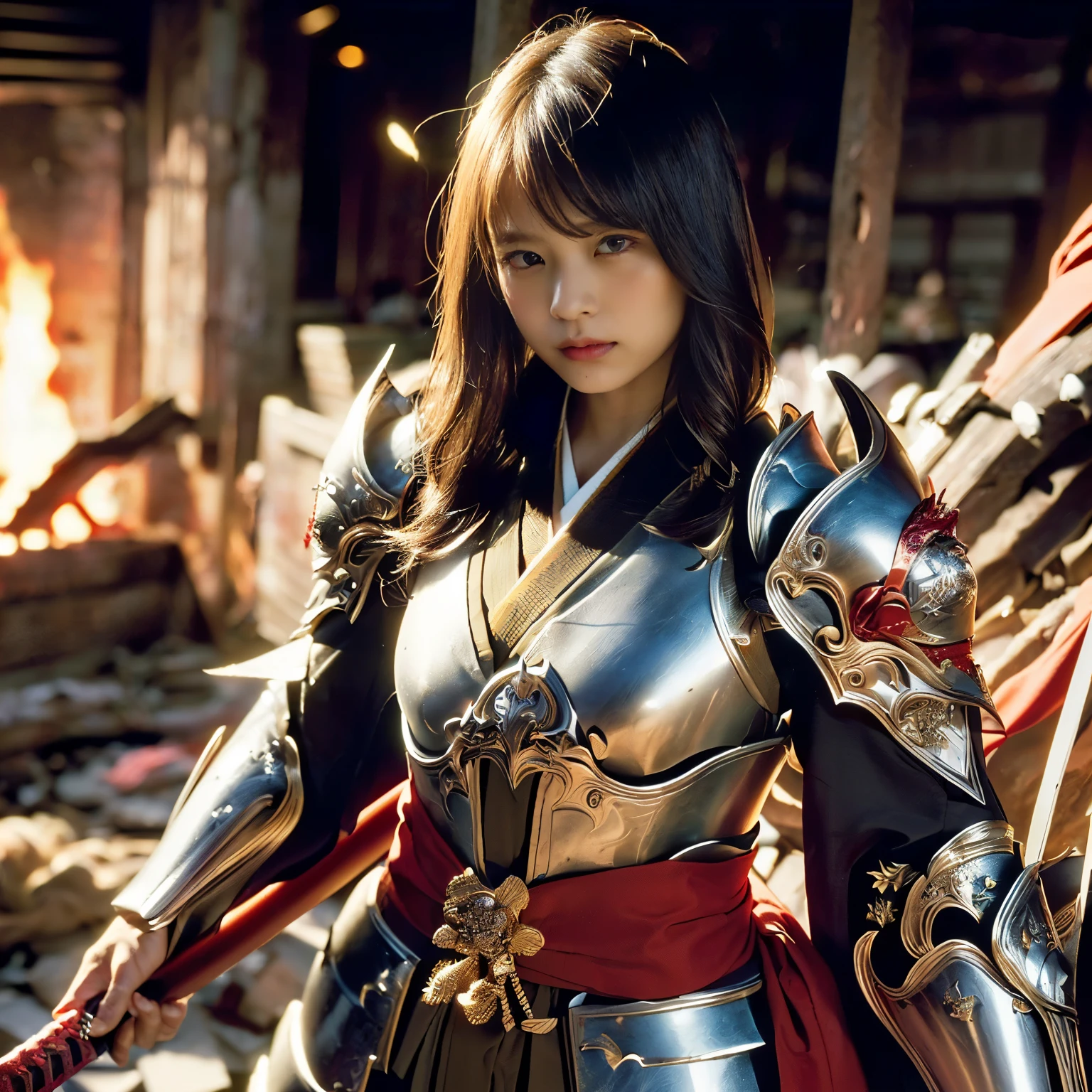 (((Realistic, masterpiece, best quality, crisp detail, high definition, high detail, rich detail, sharp focus, colorful, perfect studio lightning))), ((20 years old, kasumi arimura)),(((in the middle of war, epic war scene, severely wounded, slashed, stabbed by swords, pierced by arrows))), wearing (((beautiful decorated golden heavy armor, ornamented full body armor, fully armored beautiful kimono, holding katana, blood scattered face, blood tears, blood bath, blood shed))), (((fire everywhere, blood everywhere, death everywhere, japan bakumatsu period, dead bodies,carcass,burned japanese castle,hellish,chaos)) traditional village background)