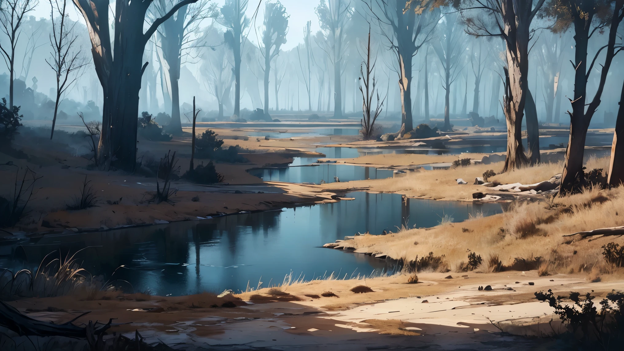 (masterpiece, best quality),post-apocalyptic ,(lost world),black river, black water in stream,black (smoke) ,(fire), broken trees,intricate details , dry tree,dry field,fire,(dry) branches, (dry trees:1.2), dry leaves ,wide views ,from below view
