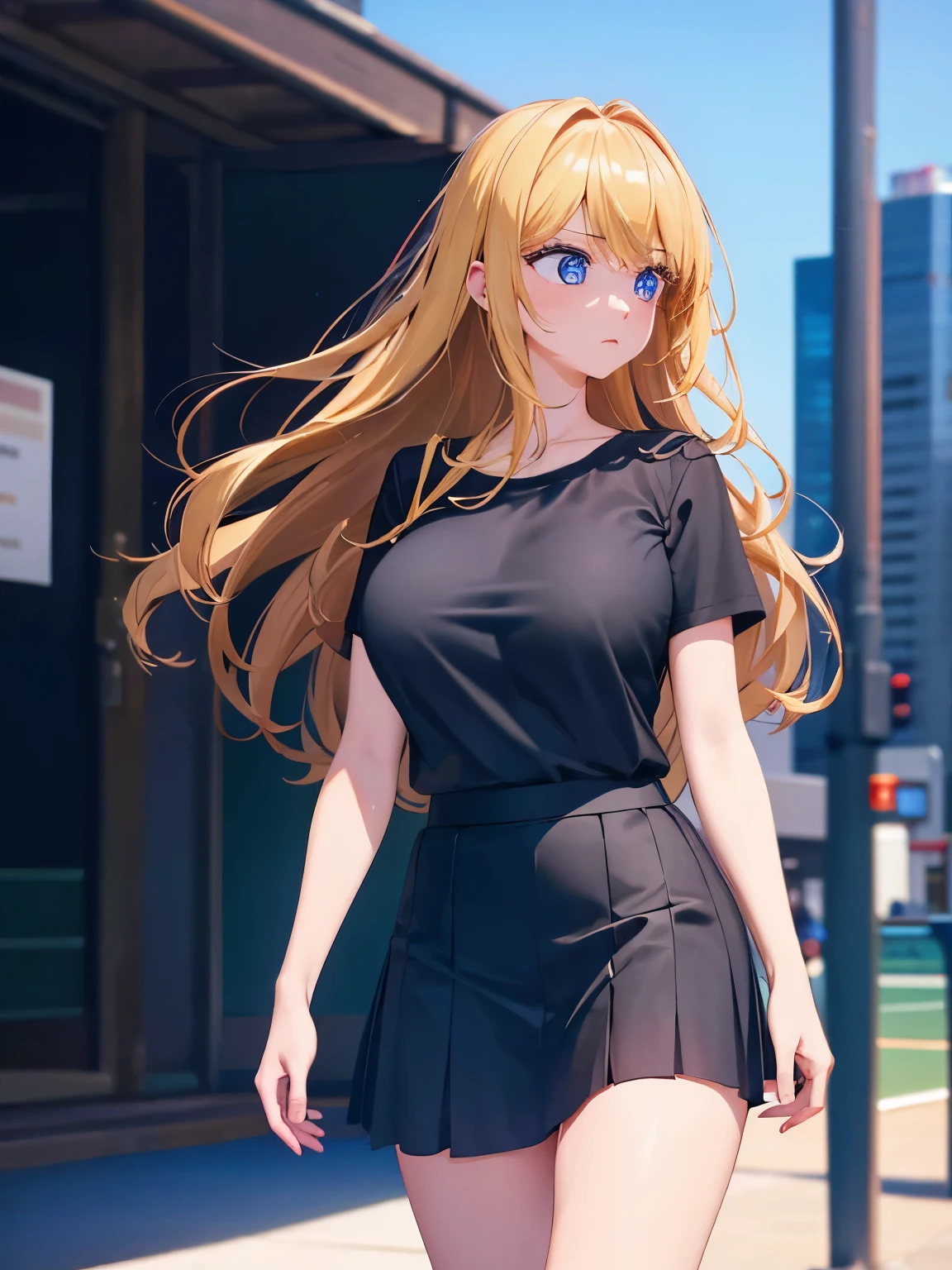 1woman,super beautiful,shocked expression,Walk straight, looking away,half body photo,Beautiful eyes, very detailed face,cute, tennis skirt,HD face, perfect face,black t-shirt,black t-shirt,Plain t-shirt,black mini skirt,Very big breasts,Blonde hair,long hair,wavy hair,bangs,blue eyes,ultra detail,ultra Hd, masterpiece,4k