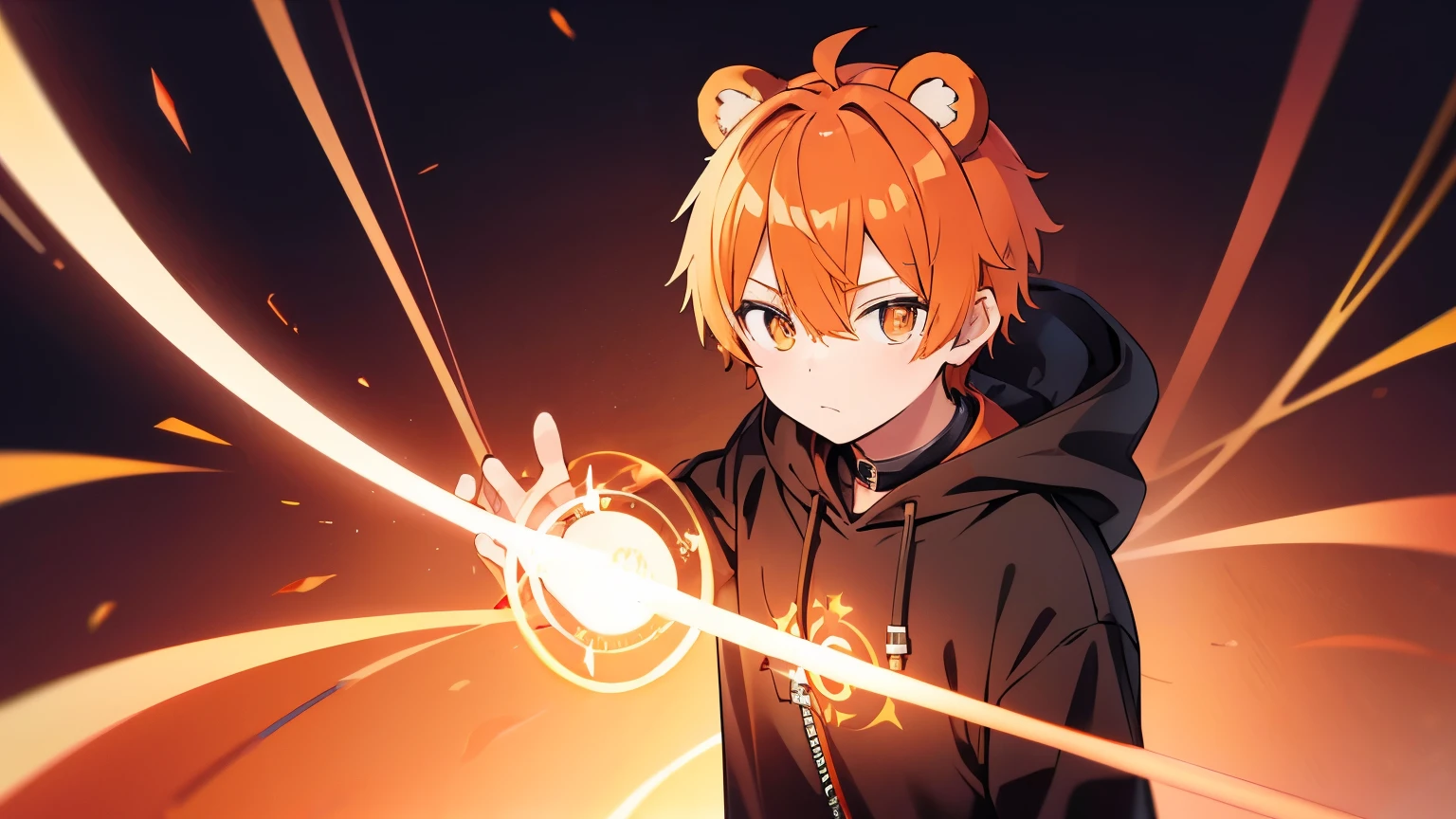 Bear ears (Hair color orange) ((headphone)) ((boy)) golden line on black hoodie ((magic circle)) Eye color black Super short hair 4K resolution (mocking) flaming weapon