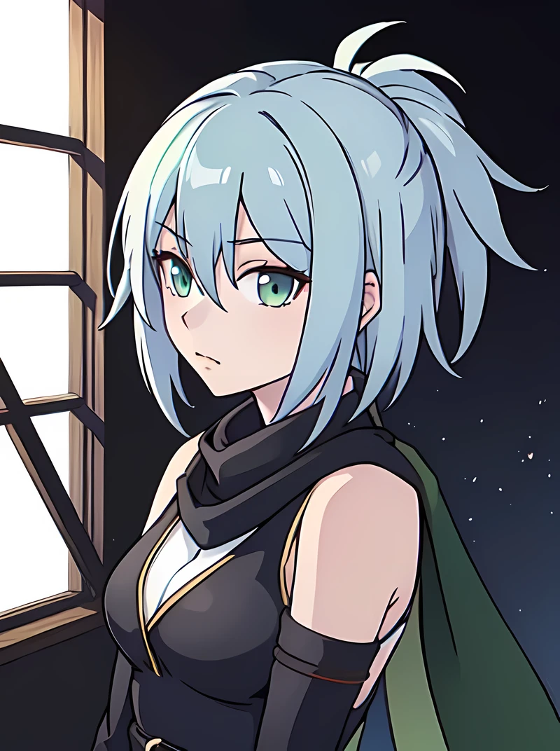 masterpiece, best quality, 1girl, short green pastel hair, black shirt, turtleneck, long scarf, green scarf, armor, shinobi, ponytail, glasses, smile