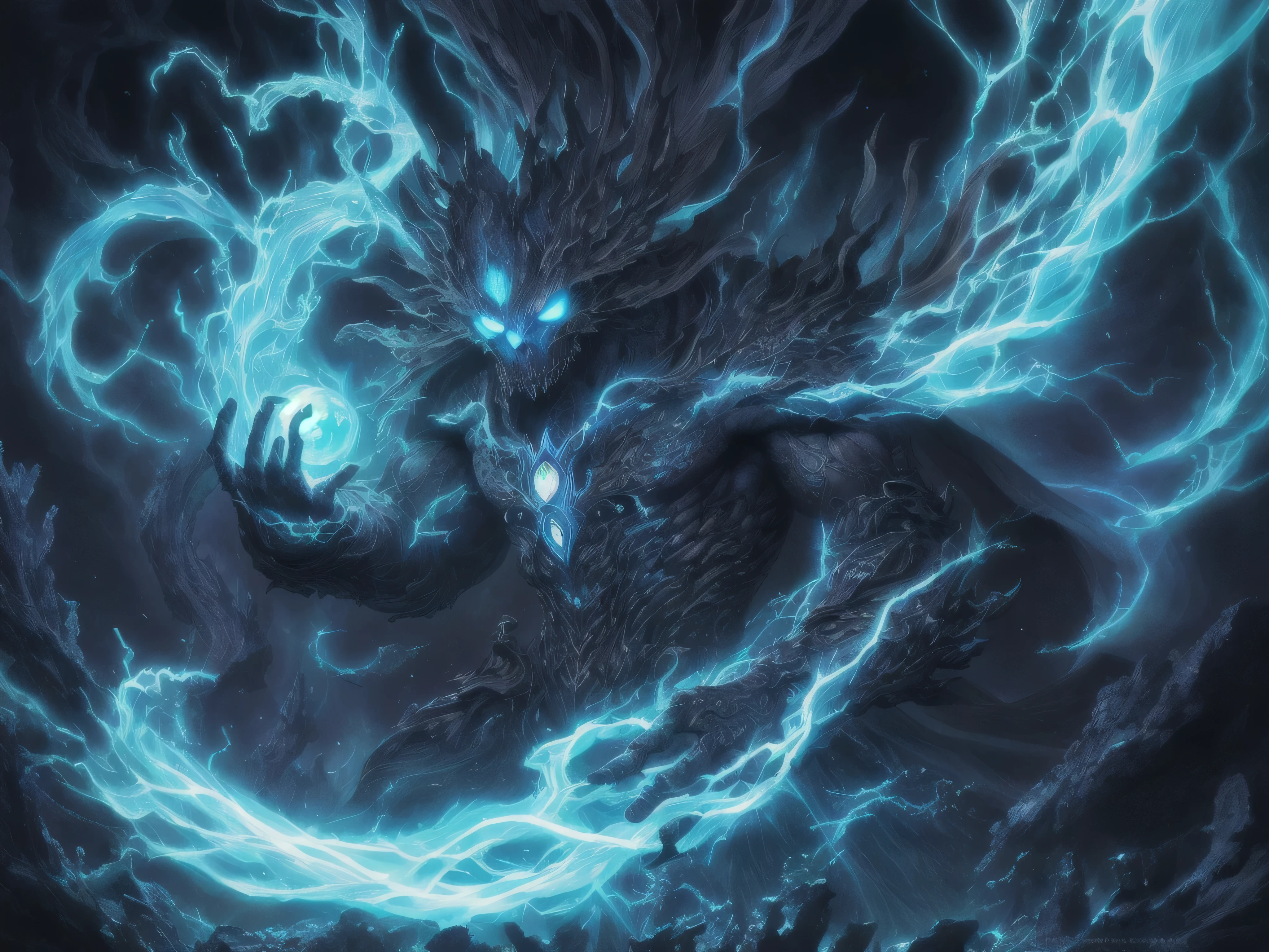 "Create ultra-detailed, best quality, High resolution masterpiece，Depicts a shadowy elemental and a non-humanoid figure oozing with blue energy" perfect shade, High quality shadows, lifelike,