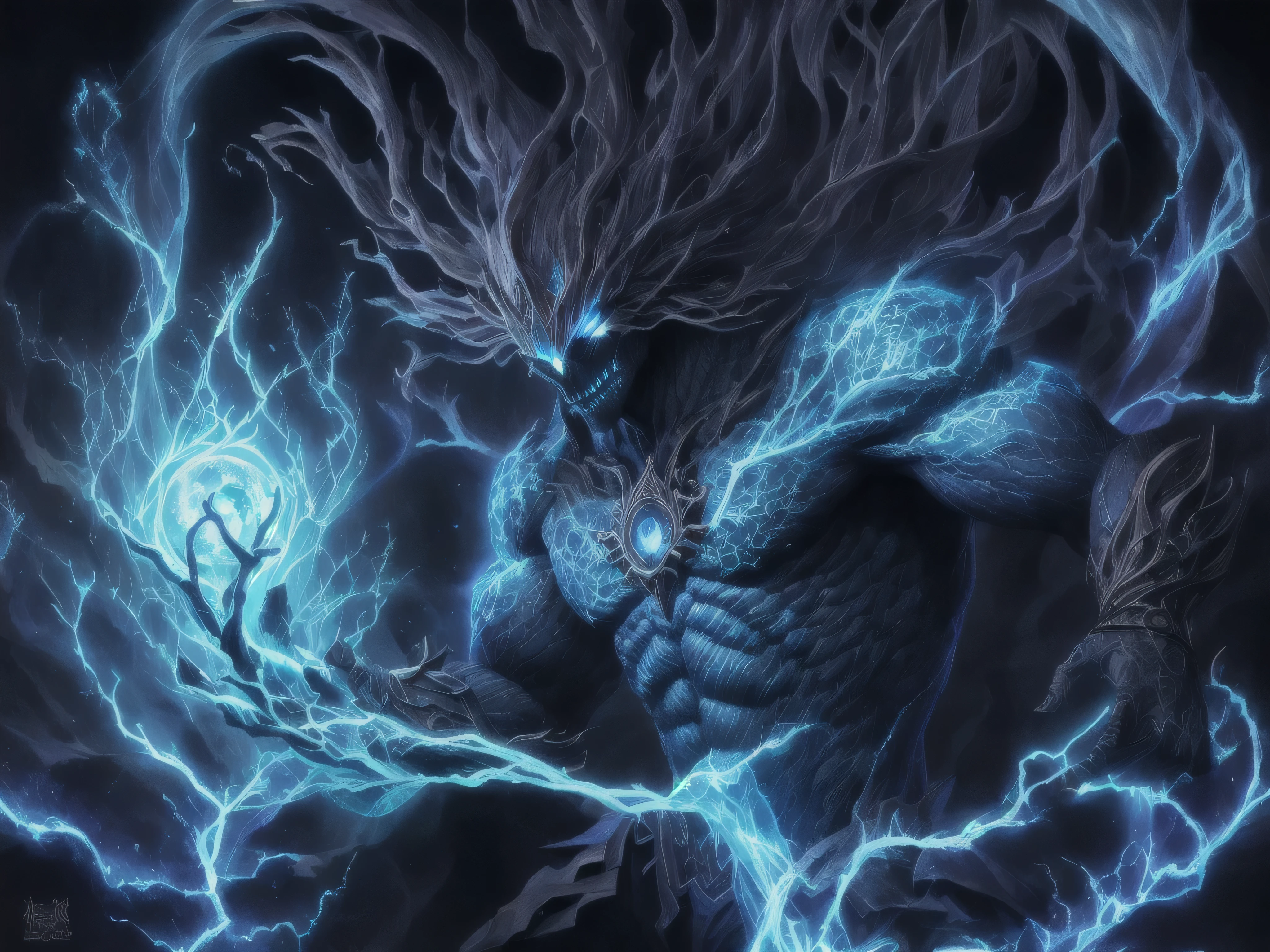 "Create ultra-detailed, best quality, High resolution masterpiece,Depicts a shadowy elemental and a non-humanoid figure oozing with blue energy" perfect shade, High quality shadows, lifelike,