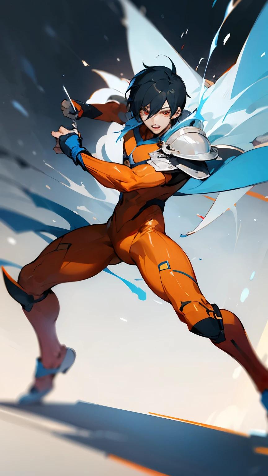 1boy, short hair, Black hair, Red Eye, Kaito Haruma, Orange Suit, White Armor, Super Hero, Fight, Full Body,