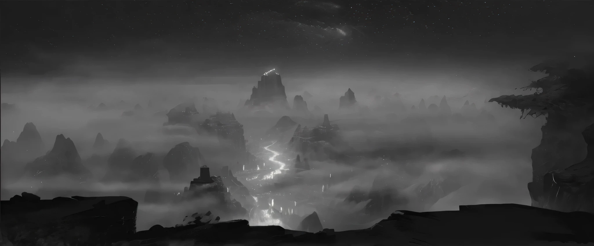 a black and white photo of a mountain with a lot of fog, black and white matte painting, by Ruan Jia, inspired by Noah Bradley, noah bradley concept art, dark high-contrast concept art, silvain sarrailh, inspired by Andreas Rocha, andreas rocha style, dark cinematic concept art, matte painting arcane dota pixar