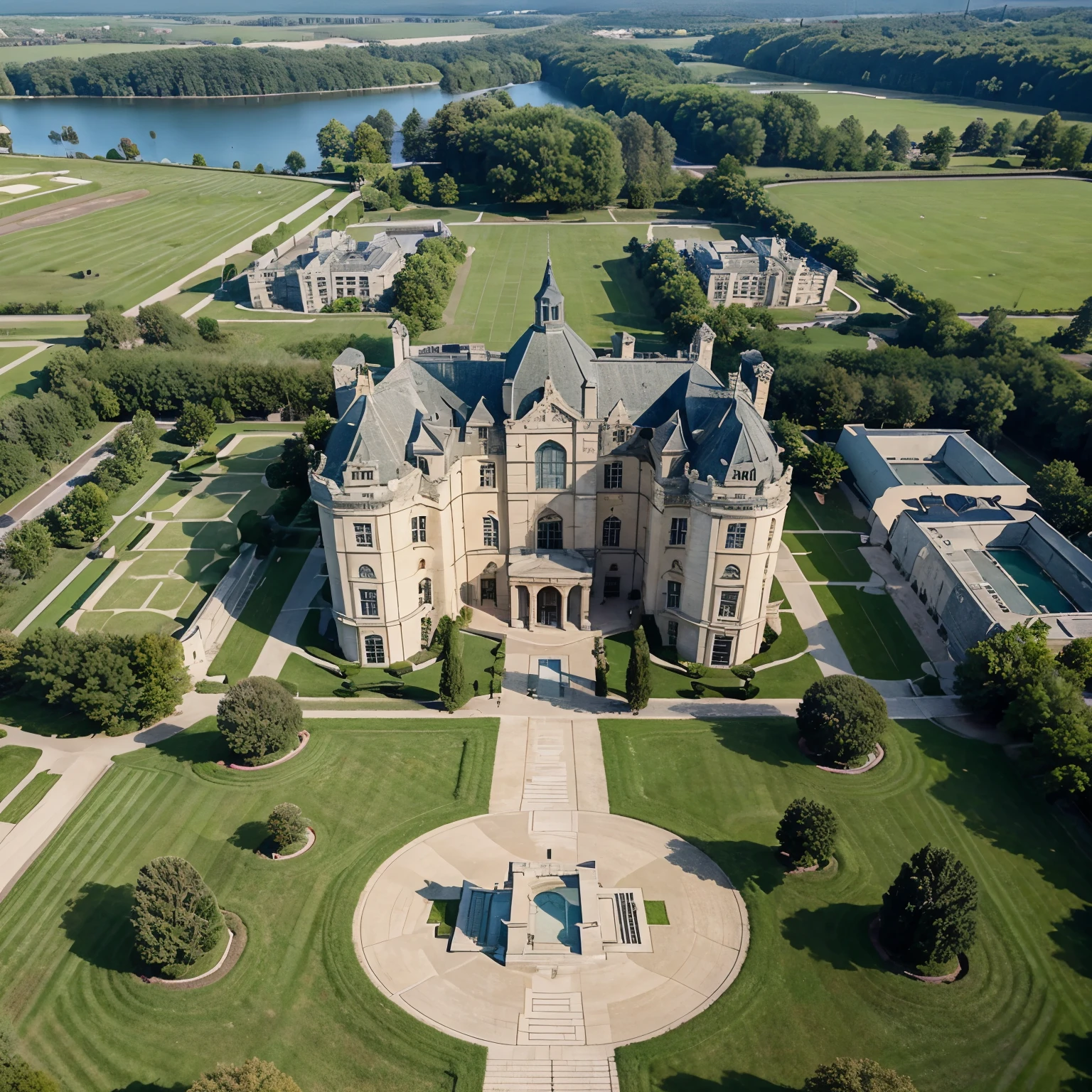 Create a giant school building of at least three levels with many towers in the shape of a large renovated classical style castle in front of a lake includes sports fields, beautiful green areas and gardens seen from the air 