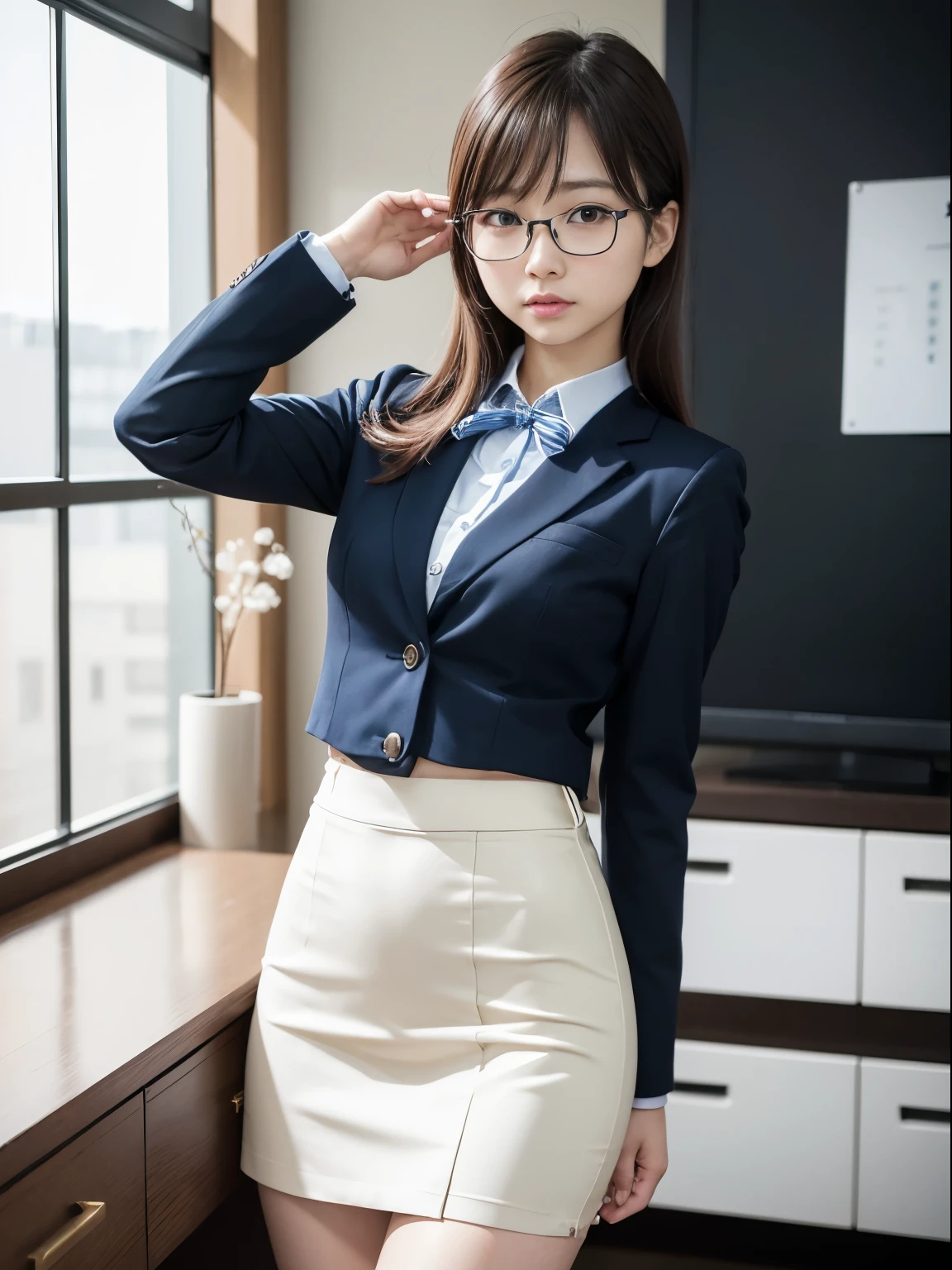 one person、solo、A 20-year-old office lady in office uniform poses for a photo shoot、sexy、victory、Tsundere、Saucy、Single knot、OL、suit、blue mini skirt、anger、Small、glasses、Slim girl model photo、Body:史上最Smallの美少女、female model、Japanese female fashion model、(8K、RAW photo、Highest image quality、masterpiece:1.2)、(real、photorealistic:1.37)、Ultra high definition、Ultra high definition、Office Street、standing position、whole body、((((SEXY)))