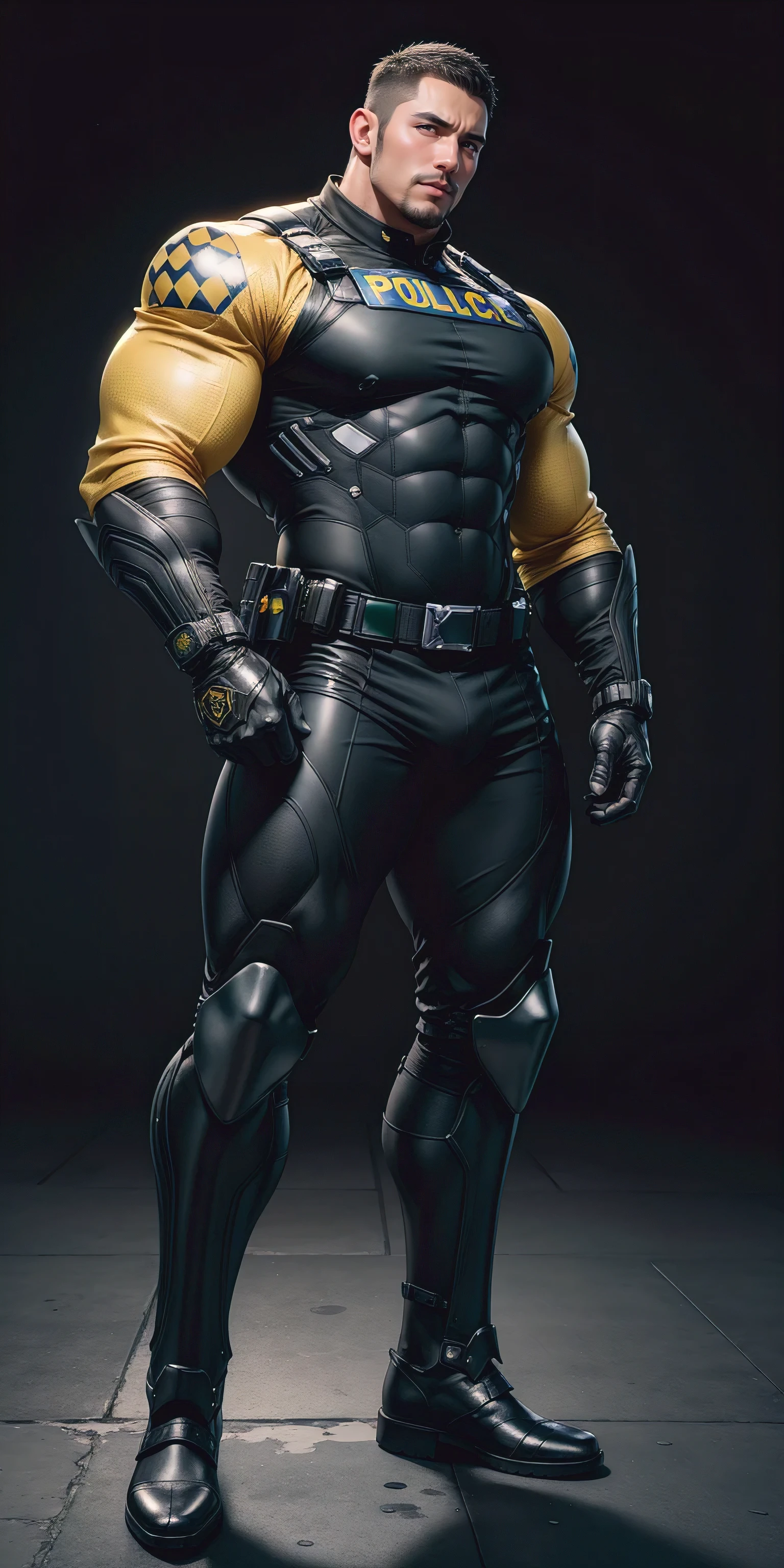 Tall giant muscular police officer，Dark Yellow honeycomb network pattern nano mecha，honeycomb pattern，Lightweight texture，character concept（Resident Evil - chris redfield，chris redfield）senior police officer，small grid texture，regular symmetrical texture pattern，A sad expression，Deep and charming eyes，Emerald Eyes Hero，heroic male pose，tall burly，muscular！Charming leg muscles，High, burly, Heqiang，  Super gain and cool， high resolution committee， Dark Yellow ultra-thin nano mechanical boots for big feet，Charming strong man，The bright sunshine is shining on you，matte particles，shiny texture