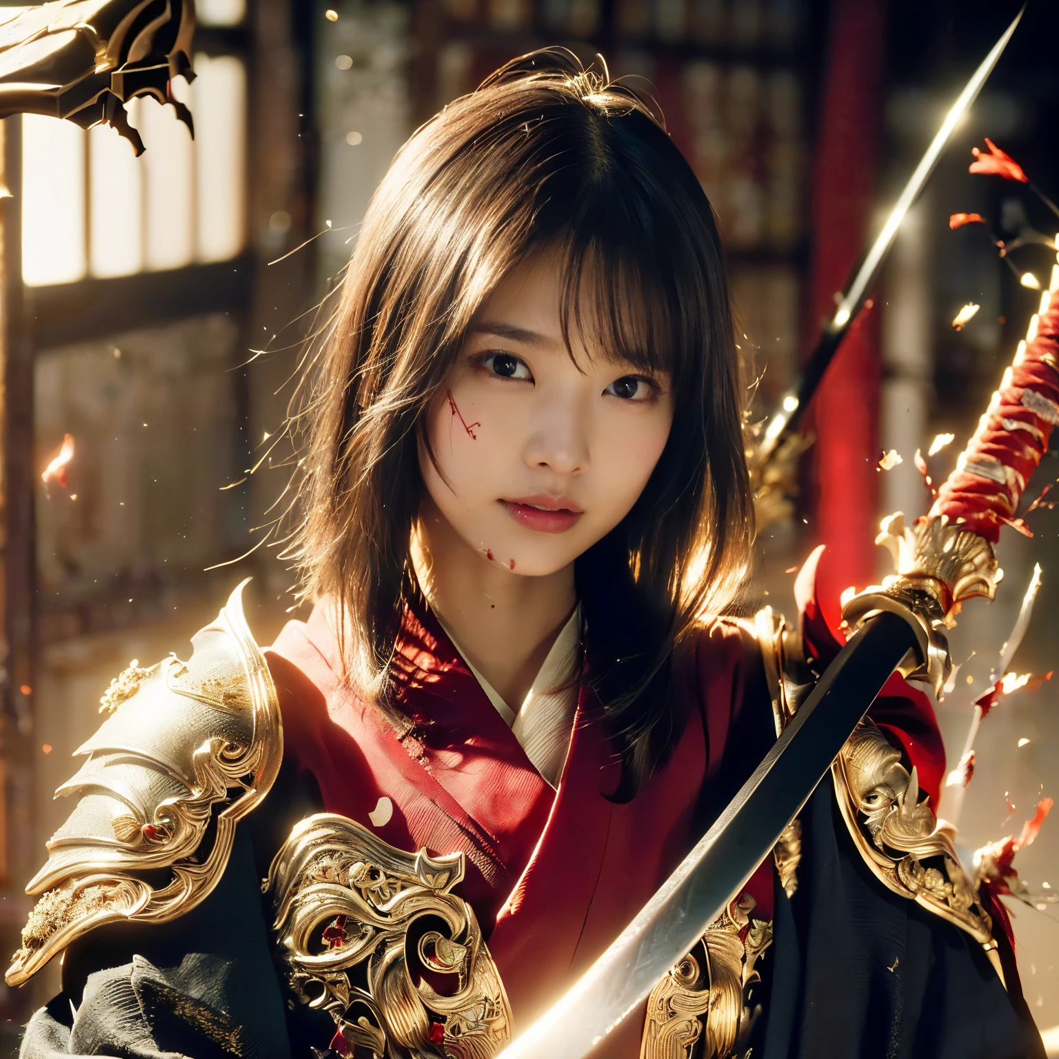(((Realistic, masterpiece, best quality, crisp detail, high definition, high detail, rich detail, sharp focus, colorful, perfect studio lightning))), ((20 years old, kasumi arimura)),(((in the middle of war, epic war scene, severely wounded, slashed, stabbed by swords, pierced by arrows, attack stance))), wearing (((beautiful decorated golden heavy armor, julia set fractal decorated armor, fully armored beautiful kimono, holding katana, blood scattered face, blood tears, blood bath, blood shed))), (((fire everywhere, blood everywhere, death everywhere, japan bakumatsu period, dead bodies,carcass,burned japanese castle,hellish,chaos)) traditional village background)