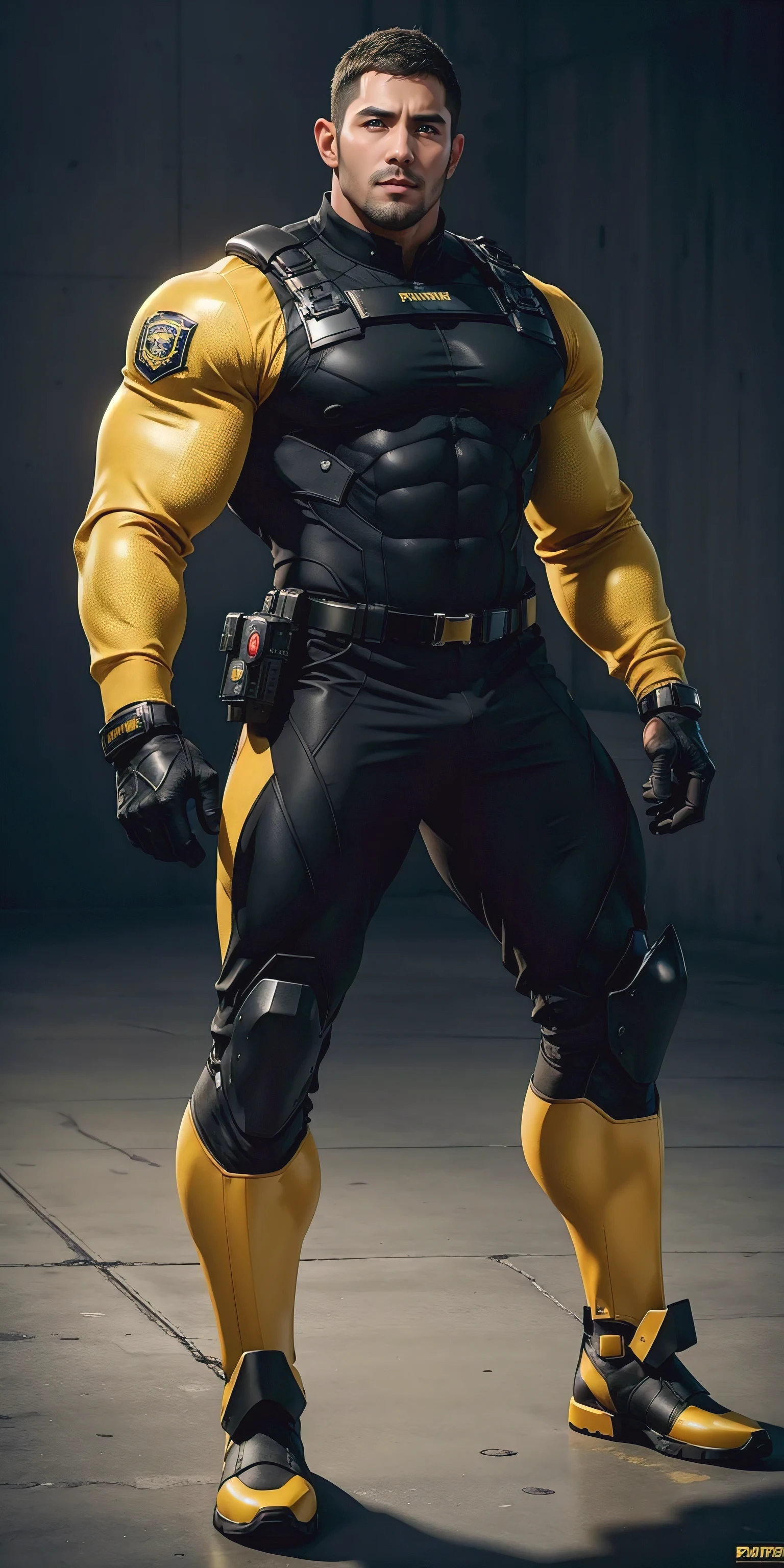 Tall giant muscular police officer, Dark Yellow honeycomb network pattern nano mecha, honeycomb pattern, Lightweight texture, character concept（Resident Evil - chris redfield, chris redfield）senior police officer, The background is a dark yellow luxury police car, regular symmetrical texture pattern, A sad expression, Deep and charming eyes, golden eyed superhero, heroic male pose, tall burly, muscular！Charming leg muscles, High, burly, Heqiang, Super gain and cool, high resolution committee, Dark Yellow ultra-thin nano mechanical boots for big feet, Charming strong man, The bright sunshine is shining on you, matte particles, shiny texture