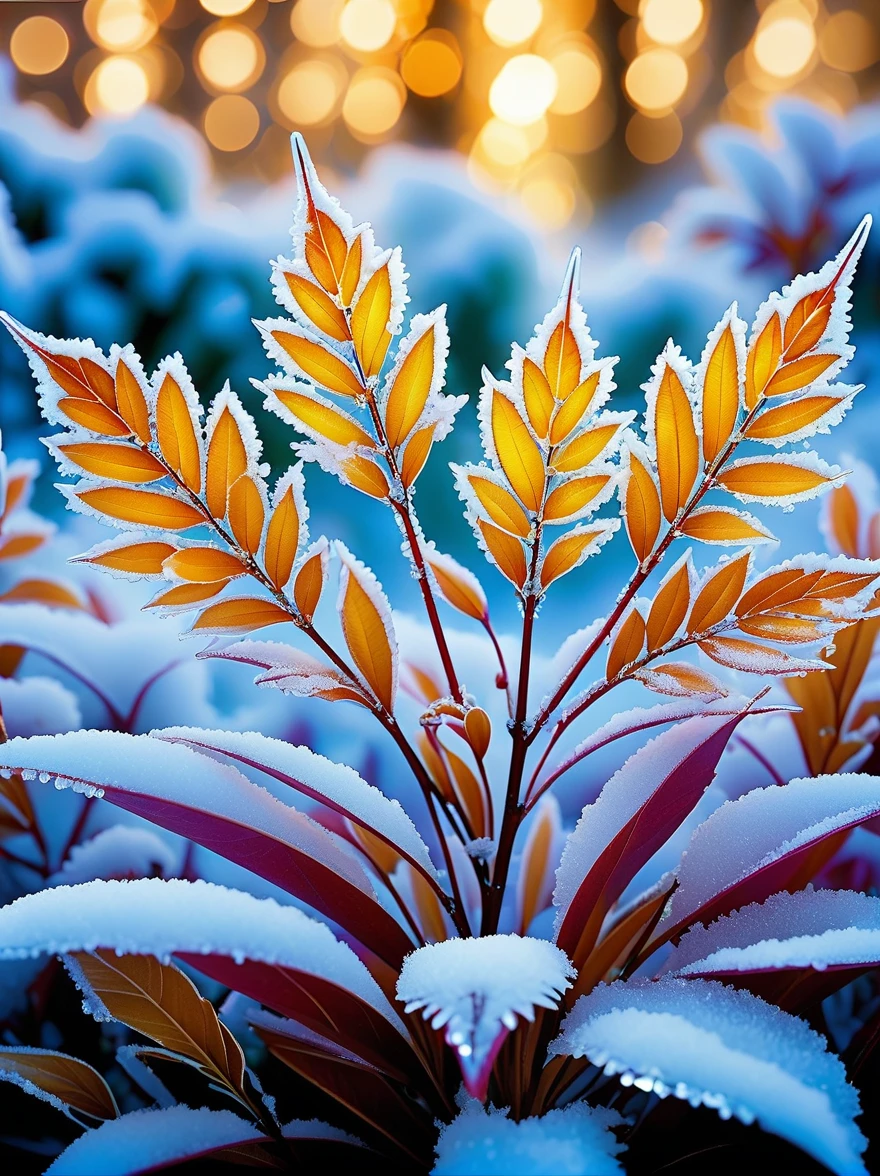 lighting art,Best quality, Masterpiece
Macro photography,glowing ice crystals Leaves and Flowers, glowing snow, patterns,rich details,selective focus,depth of field,blur, Bokeh,32K,
,National Geographic Magazine Style,High definition, ultra-high resolution, macro photography,rim lighting, fluffy light