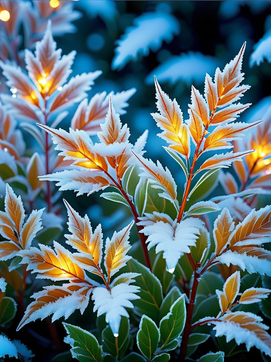 lighting art,Best quality, Masterpiece
Macro photography,glowing ice crystals Leaves and Flowers, glowing snow, patterns,rich details,selective focus,depth of field,blur, Bokeh,32K,
,National Geographic Magazine Style,High definition, ultra-high resolution, macro photography,rim lighting, fluffy light