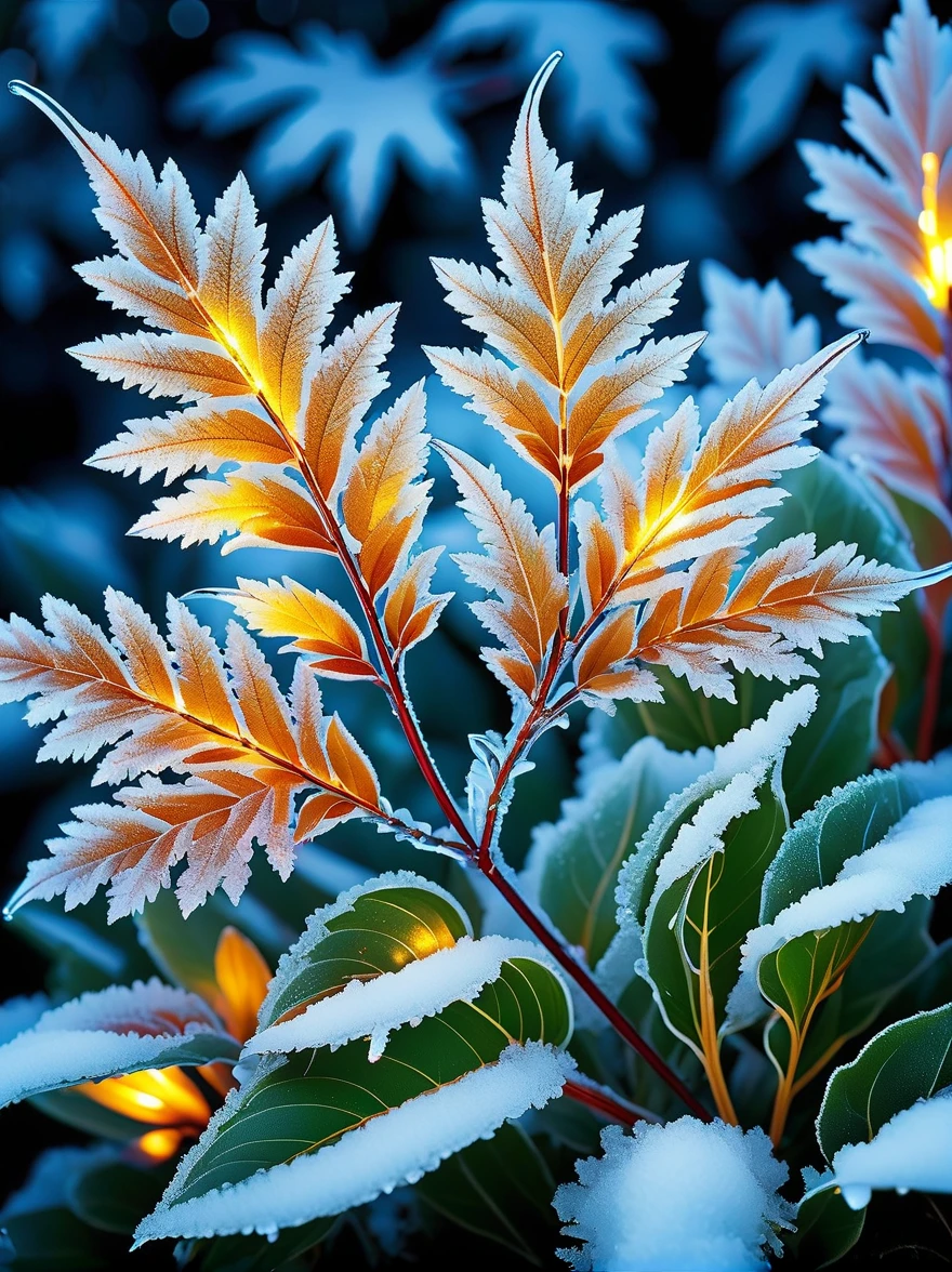 lighting art,Best quality, Masterpiece
Macro photography,glowing ice crystals Leaves and Flowers, glowing snow, patterns,rich details,selective focus,depth of field,blur, Bokeh,32K,
,National Geographic Magazine Style,High definition, ultra-high resolution, macro photography,rim lighting, fluffy light