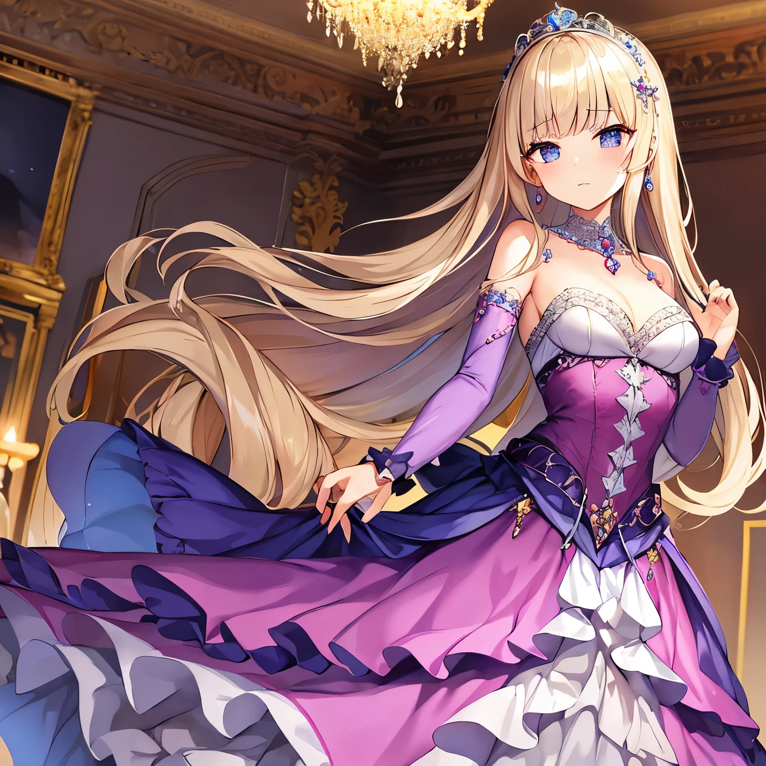 Super detallado vestido de princesa con volantes delicados y hermosos bordados. The dress features a rococo style with a voluminous crinoline skirt and long train. The princess sports a charming expression with jewel-like eyes and plenty of long, straight hair., absolutamente voluminoso. Her dress is decorated with beautiful jewels and an extremely beautiful and shiny hair ornament. Ella irradia elegancia con su figura esbelta y sus hombros descubiertos. Este retrato de cuerpo completo muestra a la princesa en todo su esplendor,