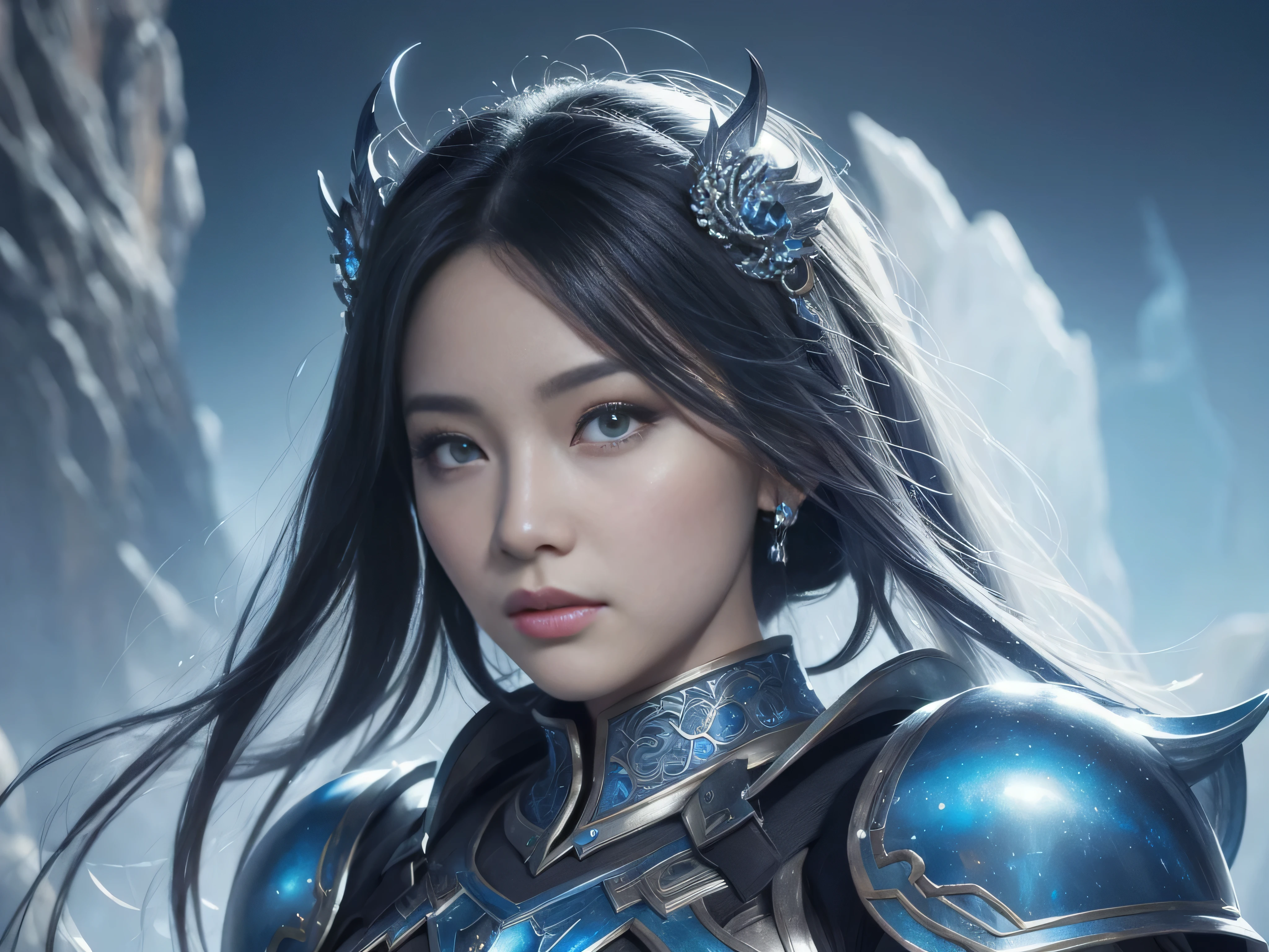 Close-up of a woman wearing a silver and blue dress, chengwei pan on artstation, author:Yang Jie, detailed fantasy art, Stunning character art, Best Art Sites for Fan Art, Epic and beautiful character art, beautiful armor, Very detailed artgerm, Detailed digital animation art, artgerm on artstation pixiv, Armor girl