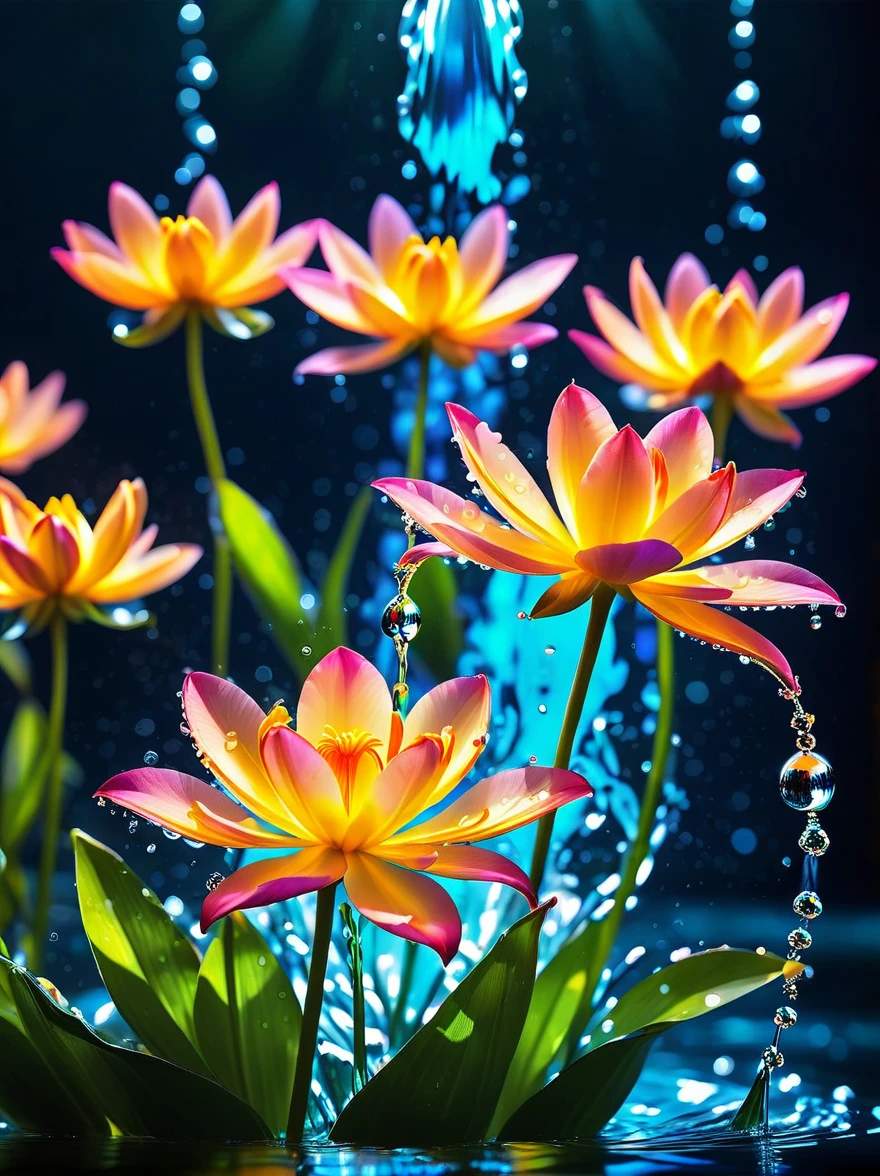 lighting art,Best quality, Masterpiece,
glowing water flowers, splashing, water drop,depth of field,blurry,Bokeh,