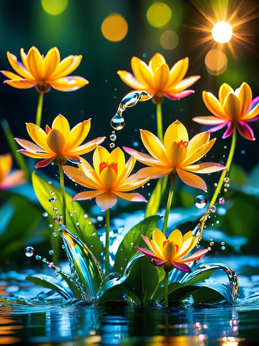 lighting art,Best quality, Masterpiece,
glowing water flowers, splashing, water drop,depth of field,blurry,Bokeh,