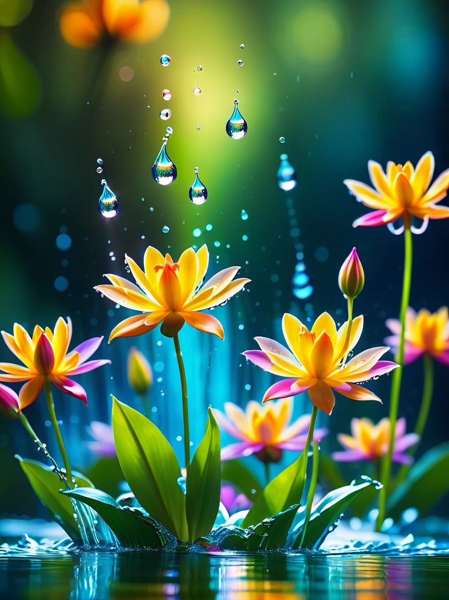 lighting art,Best quality, Masterpiece,
glowing water flowers, splashing, water drop,depth of field,blurry,Bokeh,