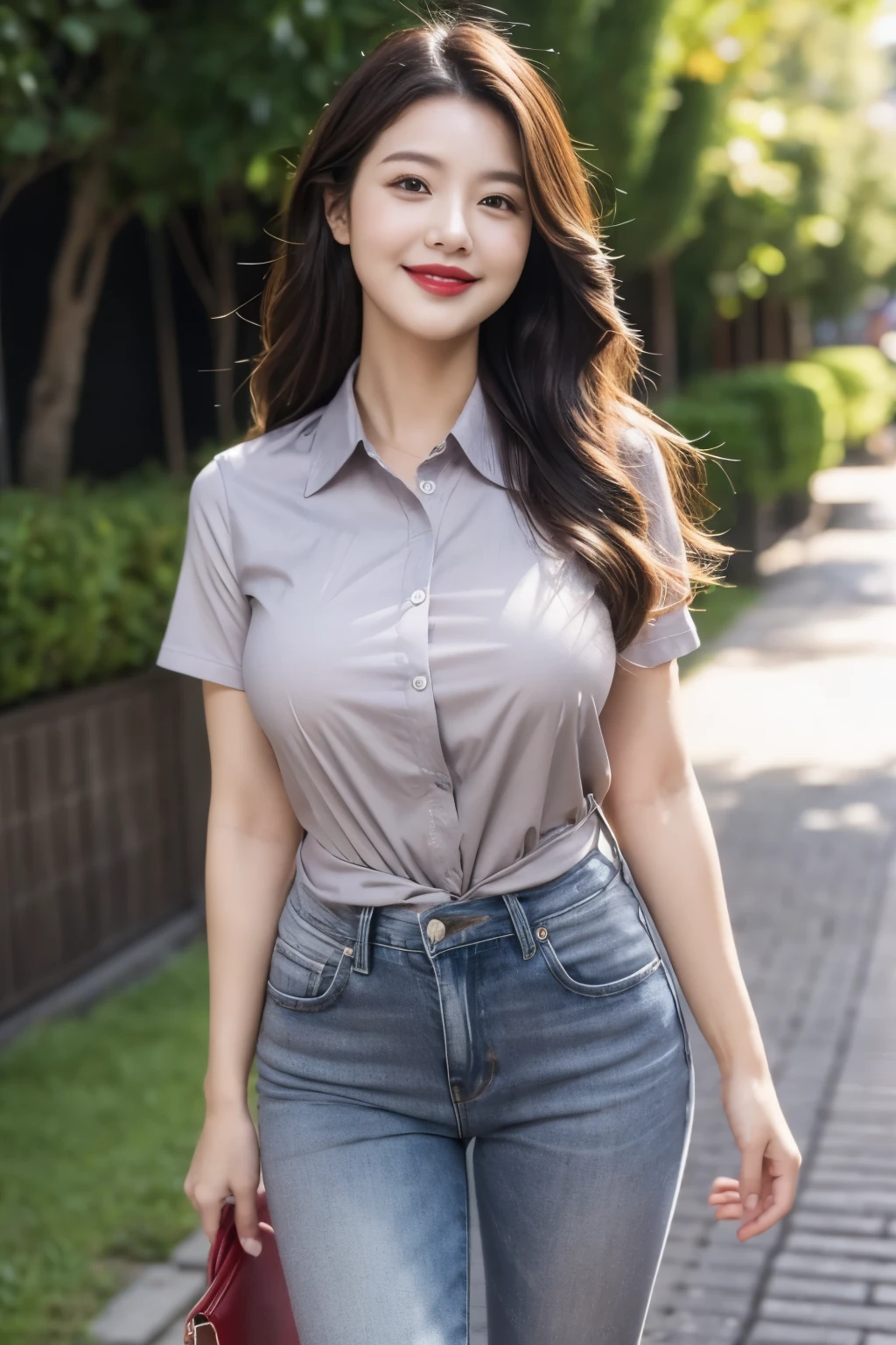 Draw lips correctly, red lipstick, from chest up, best quality, Super detailed, lifelike, Super fine skin, perfect anatomy, (1 日本Mature的女人), (alone)，Wear a gray shirt，short sleeves，Gray jeans，Put one hand in your pocket，Put one hand in your waist，wavy long hair，37-year-old female，Mature，charming smile，outdoor background，stand，Leg length，Chubby，Big breasts，stand up，full-body shot