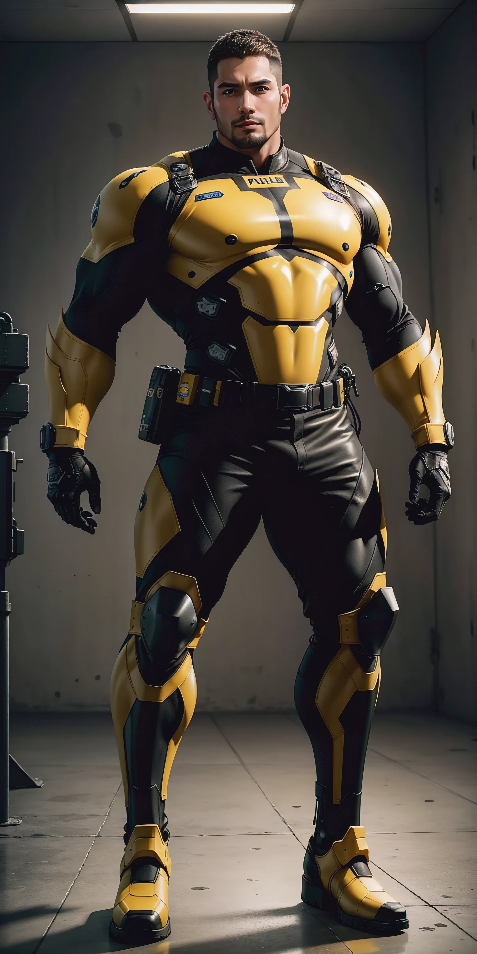 Tall giant muscular police officer，Dark Yellow honeycomb network pattern nano mecha，honeycomb pattern，Lightweight texture，character concept（Resident Evil - chris redfield，chris redfield）senior police officer，small grid texture，regular symmetrical texture pattern，A sad expression，Deep and charming eyes，Emerald Eyes Hero，heroic male pose，tall burly，muscular！Charming leg muscles，High, burly, Heqiang，  Super gain and cool， high resolution committee， Dark Yellow ultra-thin nano mechanical boots for big feet，Charming strong man，The bright sunshine is shining on you，matte particles，shiny texture