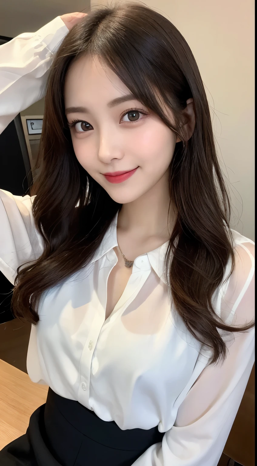 table top, highest quality, shape, Super detailed, finely, High resolution, 8k wallpaper, 完璧なダイナミックな構shape, beautiful and detailed eyes, small breasts, natural color lip, random sexy pose,smile、20 year old girl、midnight、Beautiful and dense face、perfect and beautiful face,Big eyes、real photos(best image quality),long sleeve blouse、flare skirt、Shoot from the bottom right side、smile(Laughter)