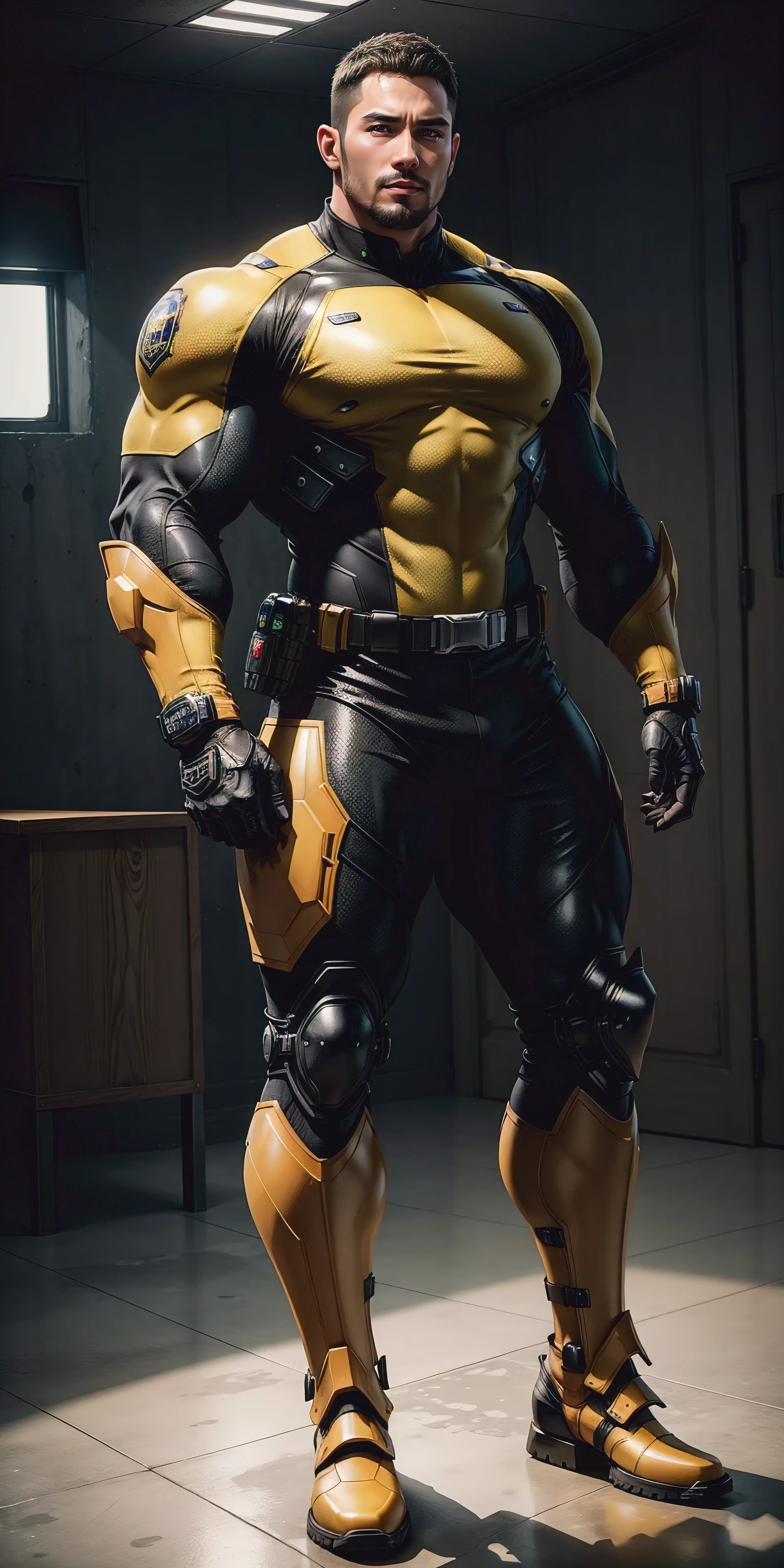 Tall giant muscular police officer,Dark Yellow honeycomb network pattern nano mecha,honeycomb pattern,Lightweight texture,character concept(Resident Evil - chris redfield,chris redfield)senior police officer,small grid texture,regular symmetrical texture pattern,A sad expression,Deep and charming eyes,Emerald Eyes Hero,heroic male pose,tall burly,muscular!Charming leg muscles,High, burly, Heqiang, Super gain and cool, high resolution committee, Dark Yellow ultra-thin nano mechanical boots for big feet,Charming strong man,The bright sunshine is shining on you,matte particles,shiny texture