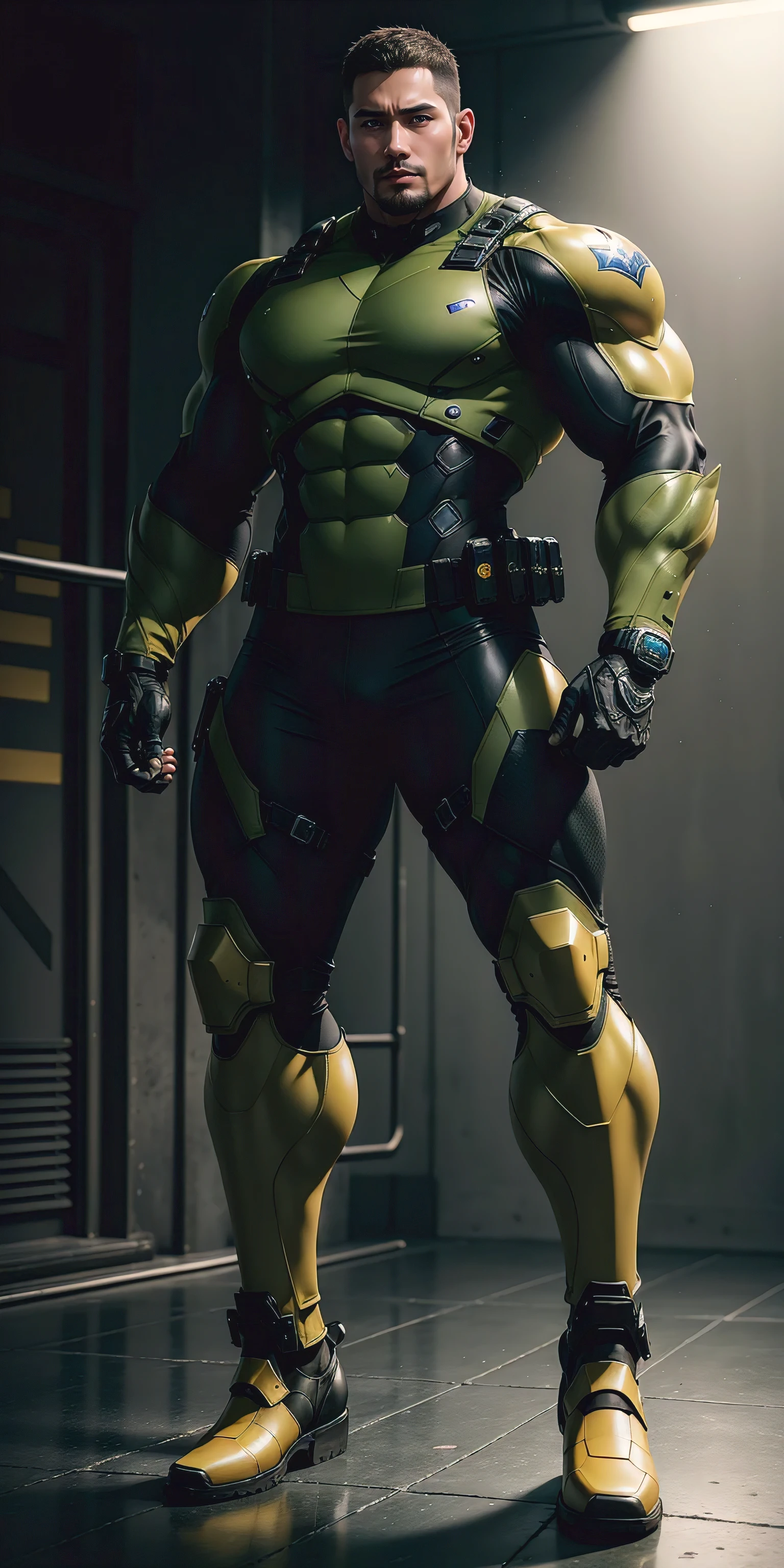 Tall giant muscular police officer,Coffee-colored honeycomb network pattern nano mecha,Honeycomb pattern,Lightweight texture,Character Concept(Resident Evil - Chris Redfield,Chris Redfield)senior police officer,Small grid texture,Regular symmetrical texture pattern,Sad expression,Deep and charming eyes,Emerald Eyes Hero,Heroic male pose,Tall burly,muscular!Attractive leg muscles,High target, Burly, Heqiang, Super Buff and Coolness, High Resolution Committee, Bigfoot Brown Ultra-Thin Nano-Mechanical Boots,Charismatic strongman,The bright sunshine shines on you,Matte particles,Shiny texture