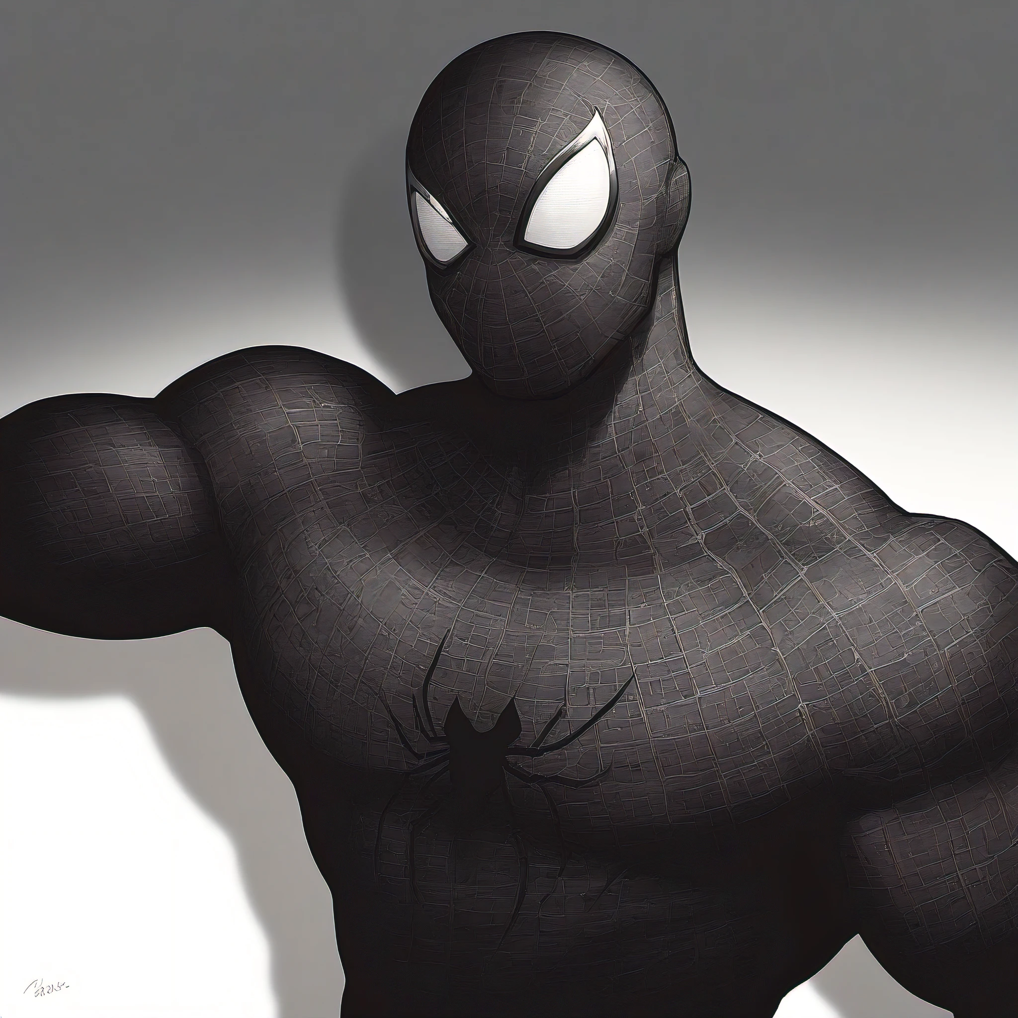 anime characters:Black Spider-Man, Muscular Spider-Man, male focus, No Spider-Man Logo, Upper body, Buzz Cut, He wears a black tights, small grid texture, spiderman mask, Spider-Man logo, muscular male, Extra large breasts, only, alone, White background, simple background, amazing quality, best aesthetics, Ridiculous, crew cut, drop shadow, best quality