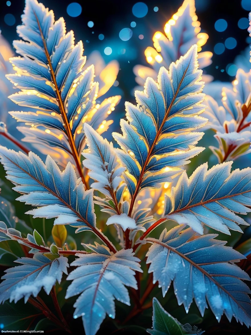 lighting art,Best quality, Masterpiece
Macro photography,glowing ice crystals Leaves and Flowers, glowing snow, patterns,rich details,selective focus,depth of field,blur, Bokeh,32K,
,National Geographic Magazine Style,High definition, ultra-high resolution, macro photography,rim lighting, fluffy light