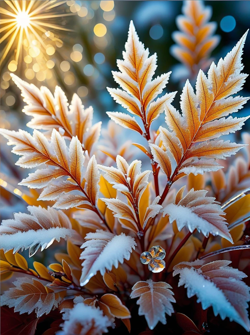 lighting art,Best quality, Masterpiece
Macro photography,glowing ice crystals Leaves and Flowers, glowing snow, patterns,rich details,selective focus,depth of field,blur, Bokeh,32K,
,National Geographic Magazine Style,High definition, ultra-high resolution, macro photography,rim lighting, fluffy light