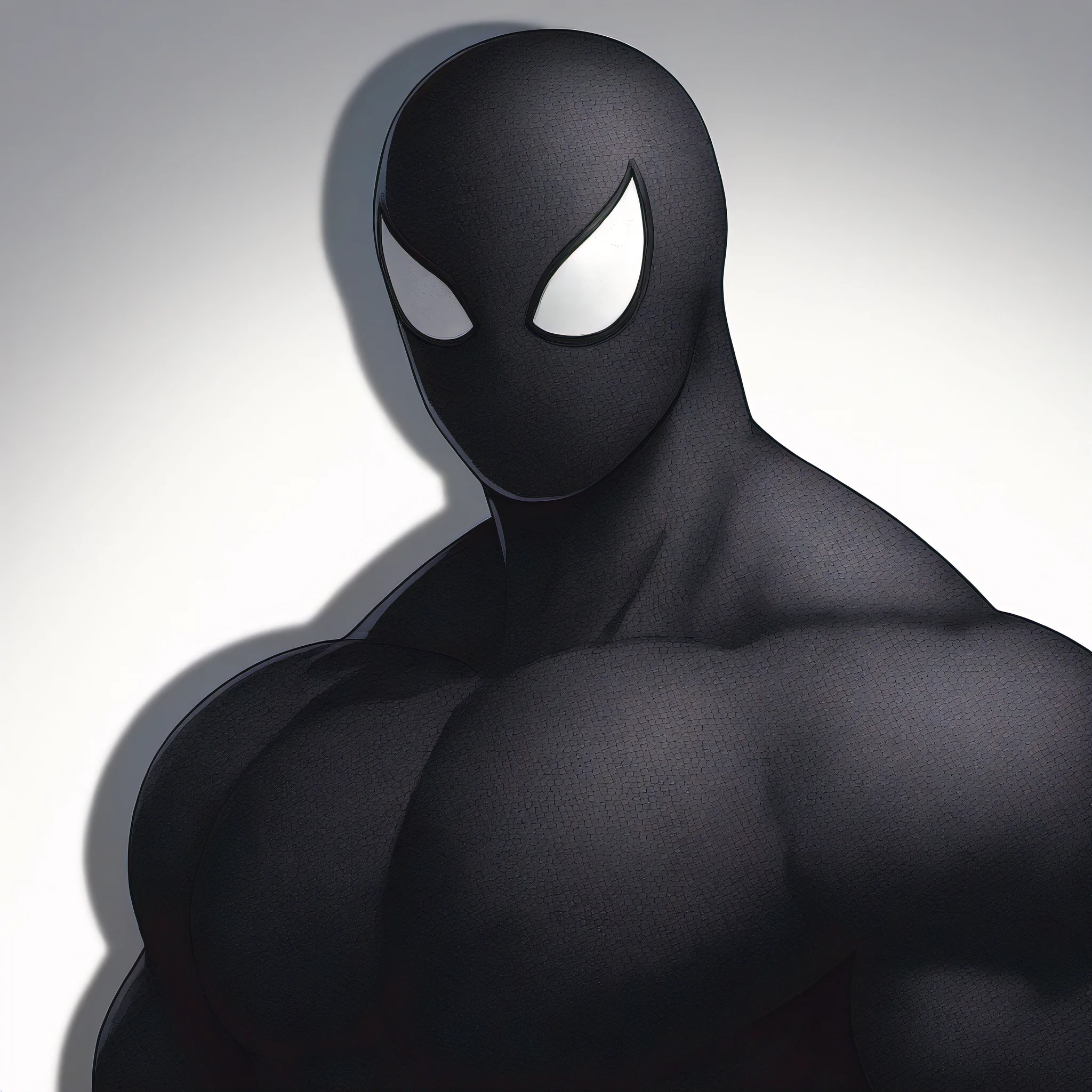 anime characters:Black Spider-Man, Muscular Spider-Man, male focus, No Spider-Man Logo, Upper body, Buzz Cut, He wears a black tights, small grid texture, spiderman mask, Spider-Man logo, muscular male, Extra large breasts, only, alone, White background, simple background, amazing quality, best aesthetics, Ridiculous, crew cut, drop shadow, best quality