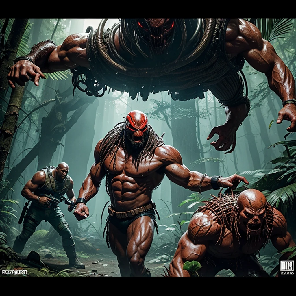 Gameplay of an 80s style arcade game based on horror action film Predator, pixelated, 2 player, controllers are machine guns (Uzis)