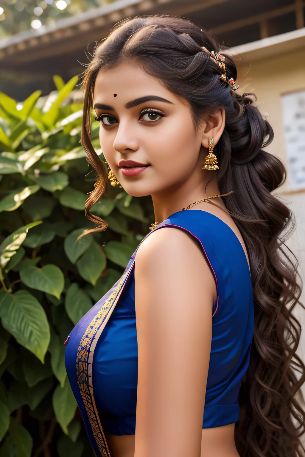 Outdoor image of 21yo in school school photo in school masterpiece, (photorealistic:1.7), best quality, beautiful lighting, Eleanor Ukraine girl dark lipstick 20yo Old Big Breasts Plus Size Model random colour beautiful eyes extremely high Bun long extreme curly hair Lifts wearing Indian saree.
