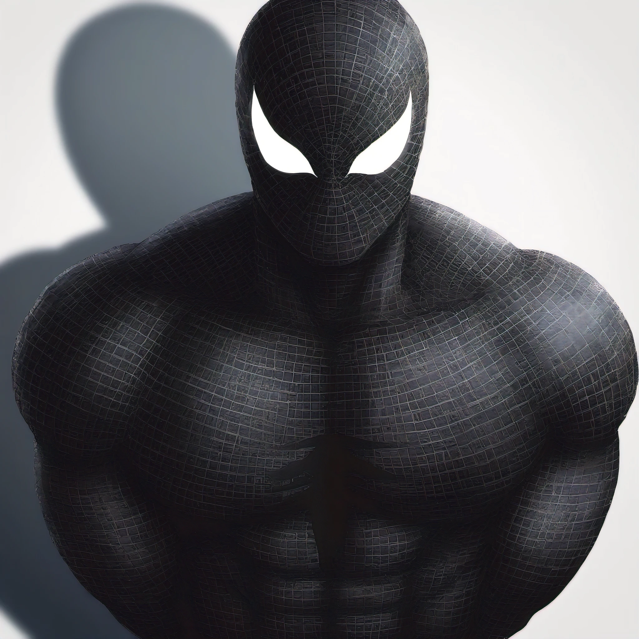 anime characters:Black Spider-Man, Muscular Spider-Man, male focus, No Spider-Man Logo, Upper body, Buzz Cut, He wears a black tights, small grid texture, spiderman mask, Spider-Man logo, muscular male, Extra large breasts, only, alone, White background, simple background, amazing quality, best aesthetics, Ridiculous, crew cut, drop shadow, best quality