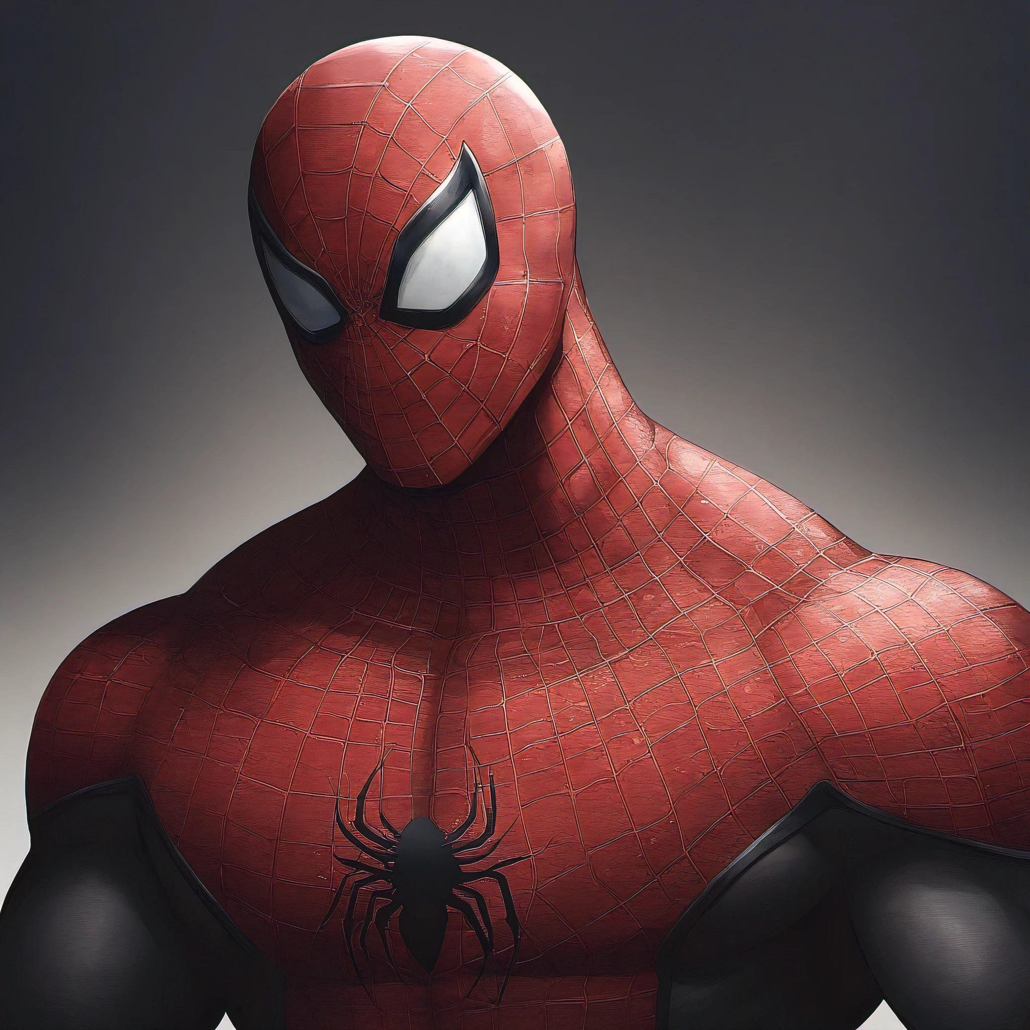anime characters:Black Spider-Man, Muscular Spider-Man, male focus, No Spider-Man Logo, Upper body, Buzz Cut, He wears a black tights, small grid texture, spiderman mask, Spider-Man logo, muscular male, Extra large breasts, only, alone, White background, simple background, amazing quality, best aesthetics, Ridiculous, crew cut, drop shadow, best quality