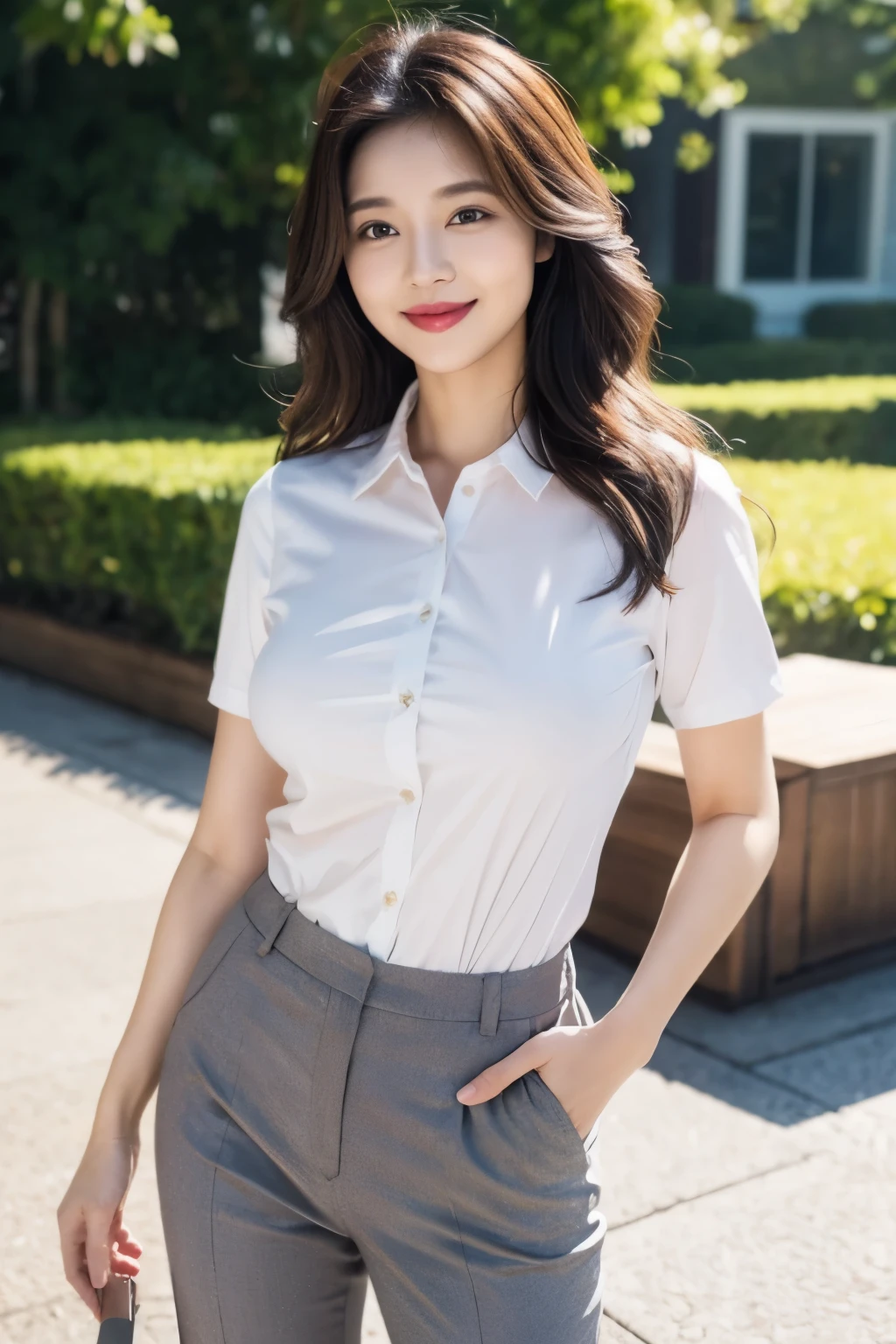 Draw lips correctly, red lipstick, from chest up, best quality, Super detailed, lifelike, Super fine skin, perfect anatomy, (1 日本Mature的女人), (alone)，wear white shirt，short sleeves，gray pants、trousers，Put one hand in your pocket，Put one hand in your waist，wavy long hair，37-year-old female，Mature，charming smile，outdoor background，stand，Leg length，Chubby，Big breasts，stand up，full-body shot