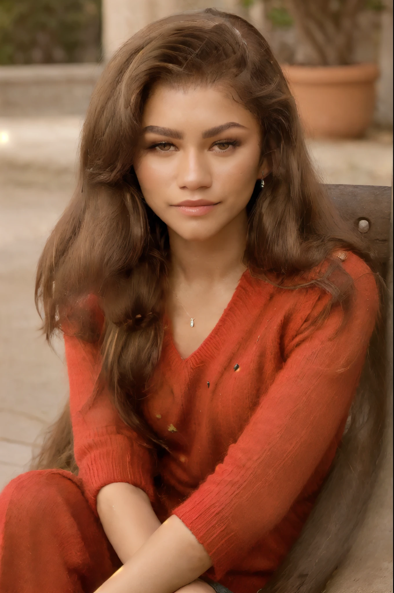 z3nd4y4,  red sweater , sitting on a bench, ((portrait shot:1.4)), (long straight hair:1.3)