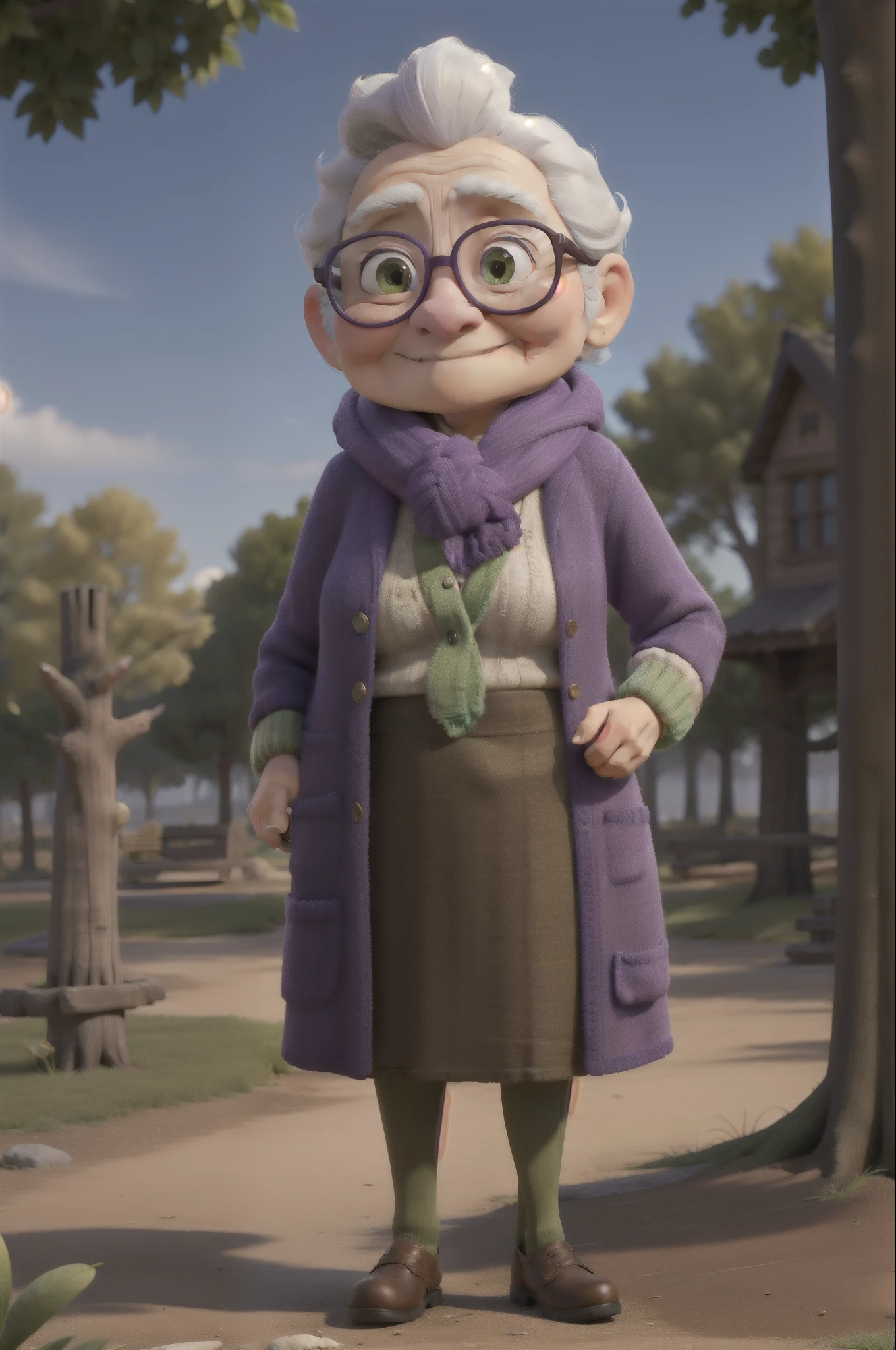 masterpiece, best quality, an old woman with glasses and a scarf on, wearing a purple coat and green scarf, standing at the park