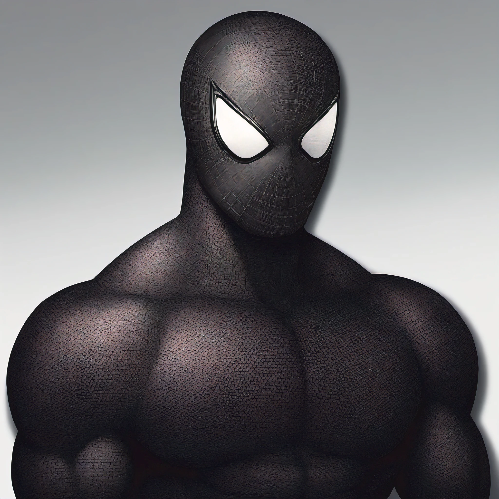 anime characters：Black Spider-Man, Muscular Spider-Man, male focus, No Spider-Man Logo, Upper body, Buzz Cut, He wears a black tights, small grid texture, spiderman mask, Spider-Man logo, muscular male, Extra large breasts, only, alone, White background, simple background, amazing quality, best aesthetics, Ridiculous, crew cut, drop shadow, best quality