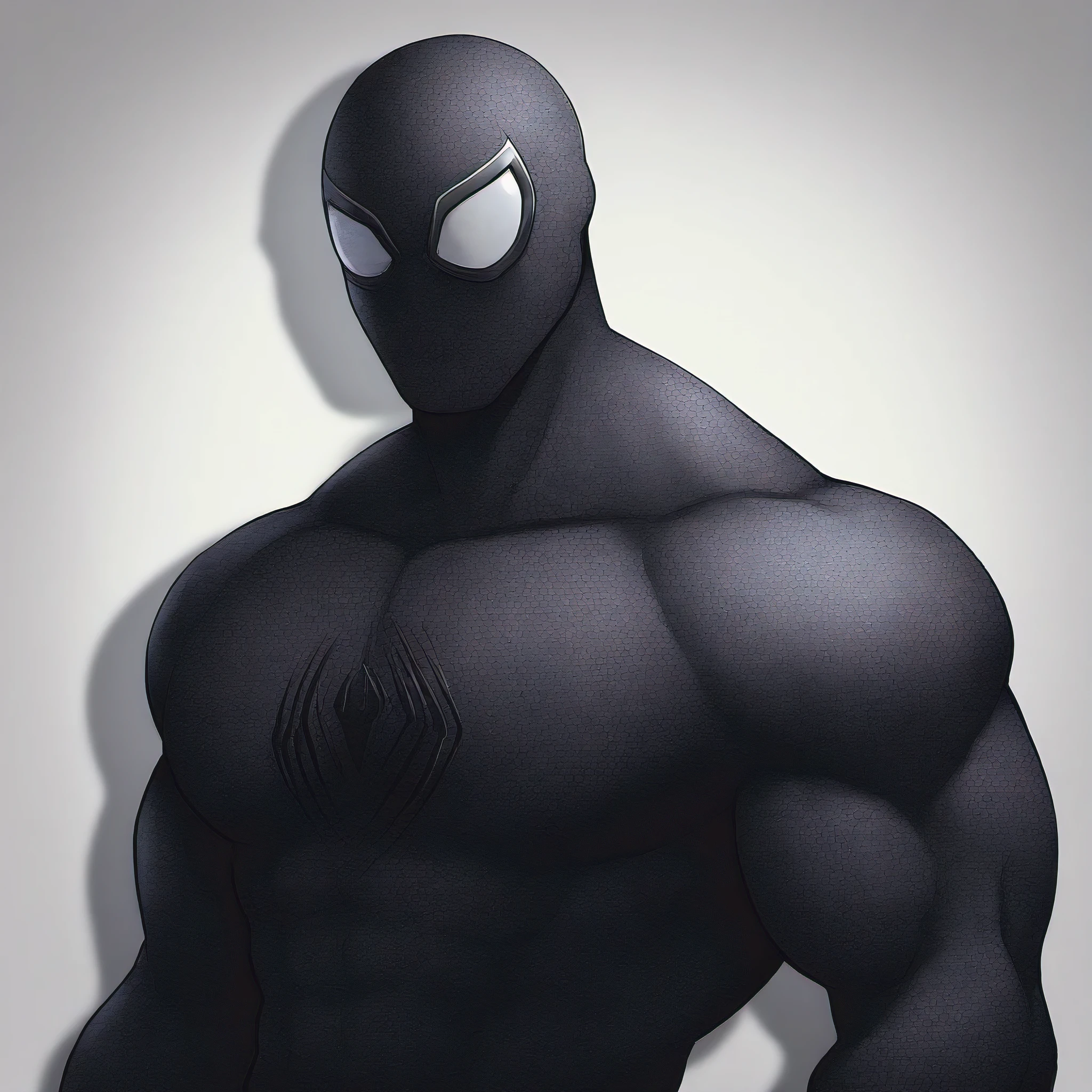 anime characters：Black Spider-Man, Muscular Spider-Man, male focus, No Spider-Man Logo, Upper body, Buzz Cut, He wears a black tights, small grid texture, spiderman mask, Spider-Man logo, muscular male, Extra large breasts, only, alone, White background, simple background, amazing quality, best aesthetics, Ridiculous, crew cut, drop shadow, best quality