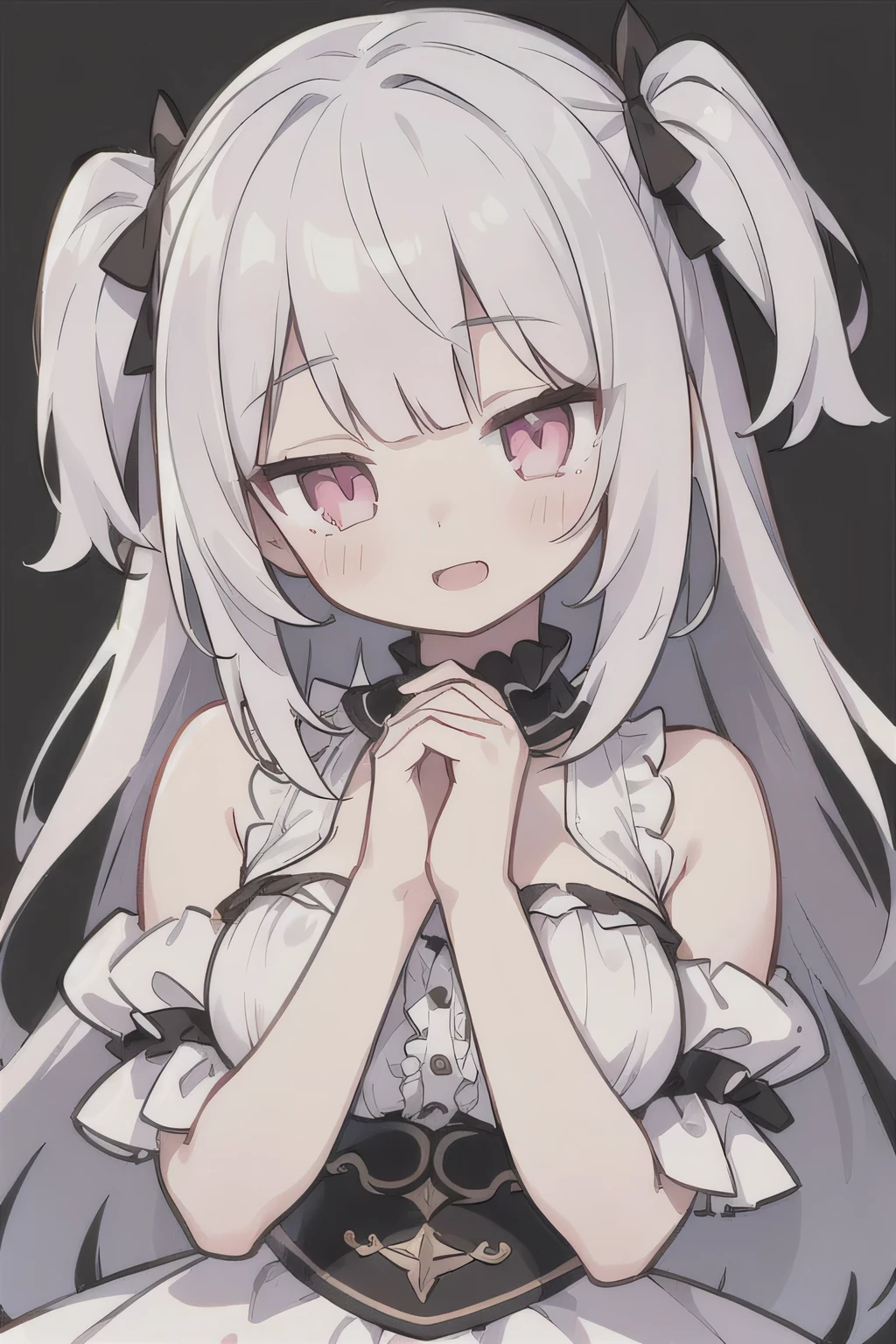 Pueros face_V1:0.24, highest quality, realistic, 8K, High resolution, 1 girl, 16 year old girl, (skin dents), (portrait), ((simple background:1.62)), full color, ((big round breasts,exposed chest,frills)), look straight at the viewer:1.8, (1 girl eyes looking at viewer:1.55), (Long-length hair, silver hair, two side up,straight bangs:1.45,pink eyes), (Bokeh),looking at the viewer,open mouth smile,Shining eyes,cute pose,sparkling eyes,Super high quality,dynamic pose
