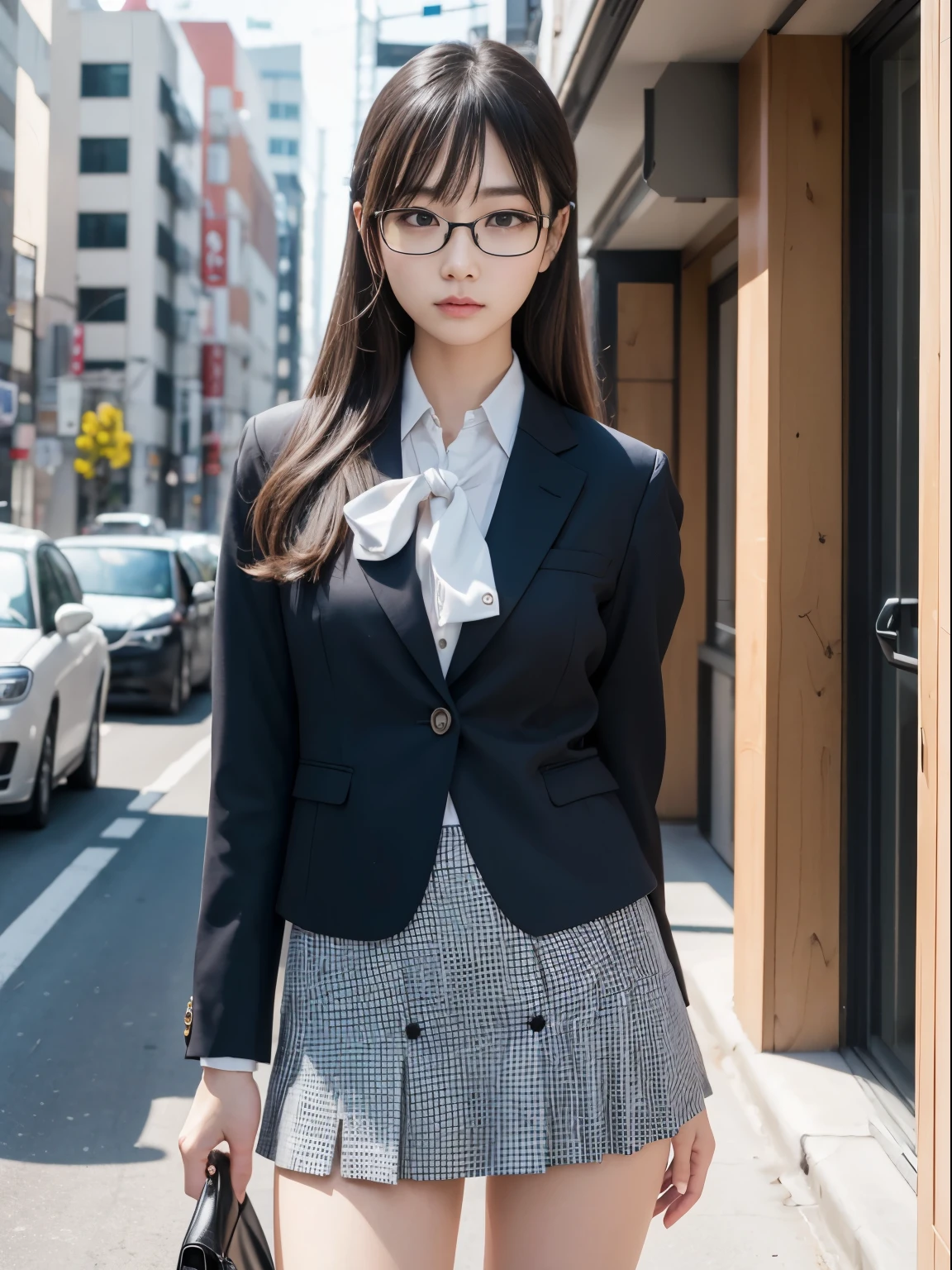 one person、solo、A 20-year-old office lady in office uniform poses for a photo shoot、glare、sexy、victory、Tsundere、Saucy、Single knot、OL、suit、blue mini skirt、anger、Small、glasses、Slim girl model photo、Body:史上最Smallの美少女、female model、Japanese female fashion model、(8K、RAW photo、Highest image quality、masterpiece:1.2)、(real、photorealistic:1.37)、Ultra high definition、Ultra high definition、Office Street、standing position、whole body、((((SEXY)))