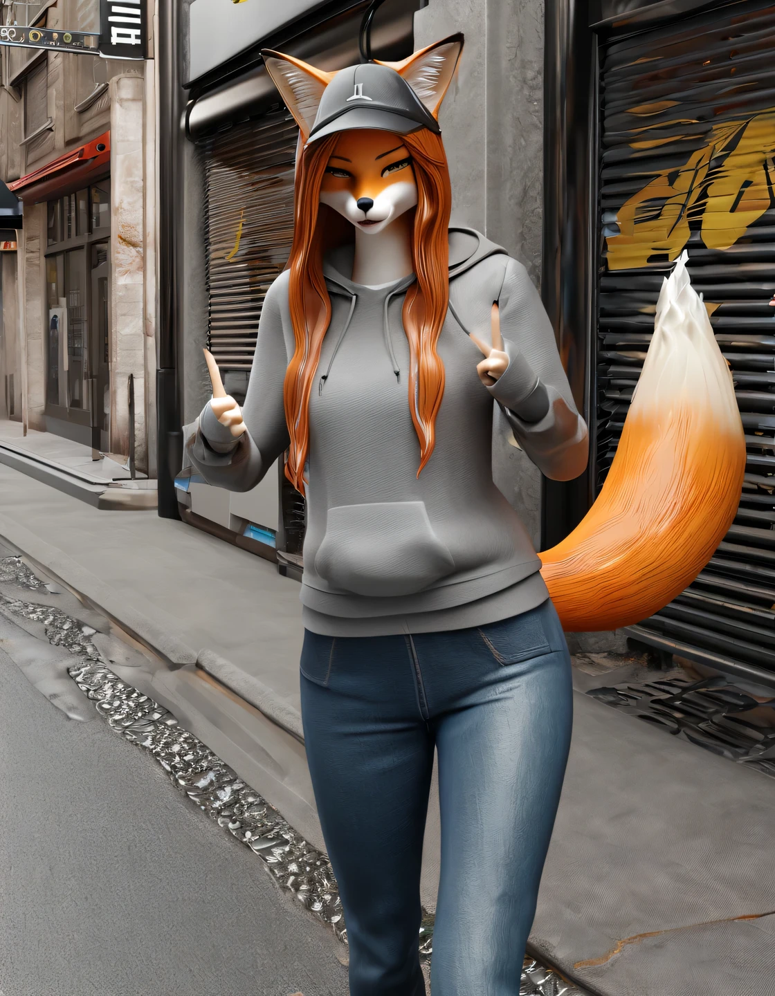 Furry fox girl on the street of the city, very fashionable, stylishly dressed, street style clothes, wide jeans, hoodie, baseball cap, sneakers, shows the viewer the V gesture, winks, long wavy orange locks of hair, high detail, filigree, high definition, texture smoothing, realistic brush strokes, looks like a realistic photo, Furry fox girl is shown in detail, 3d render, octane render, DAZ 3D, Ultra-realistic rendering of details, Stunningly realistic graphics, Very detailed photo